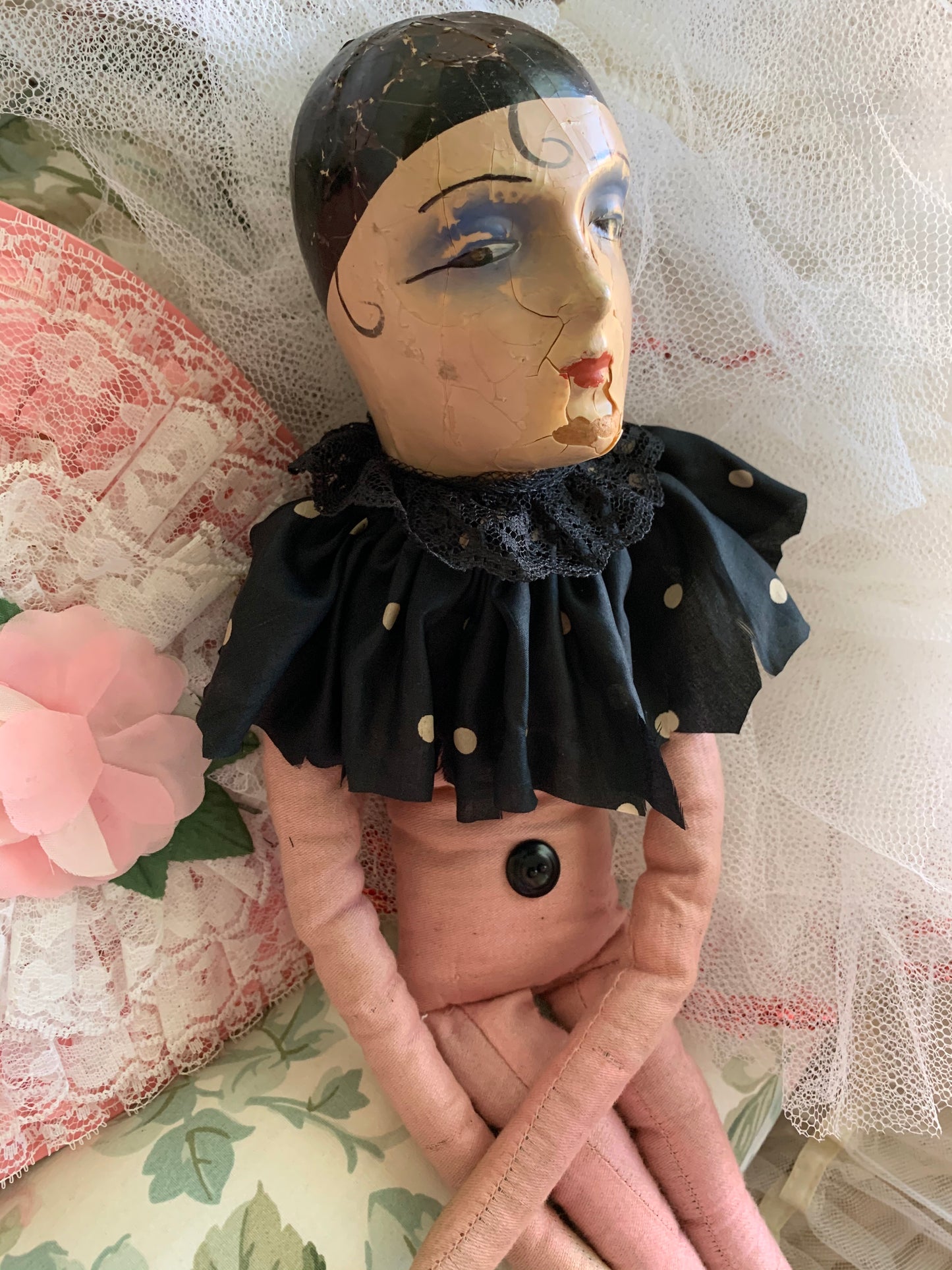 Vintage pierrot boudoir doll French style clown bed doll
