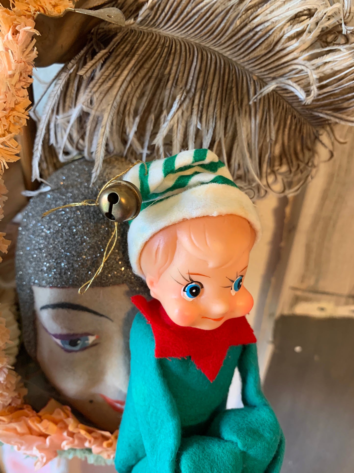 Vintage knee hugger elf Christmas shelf sitter pixie doll