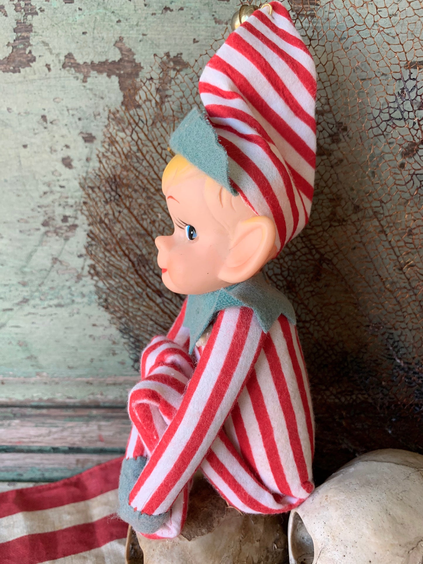 Vintage knee hugger elf red striped Christmas shelf sitter pixie