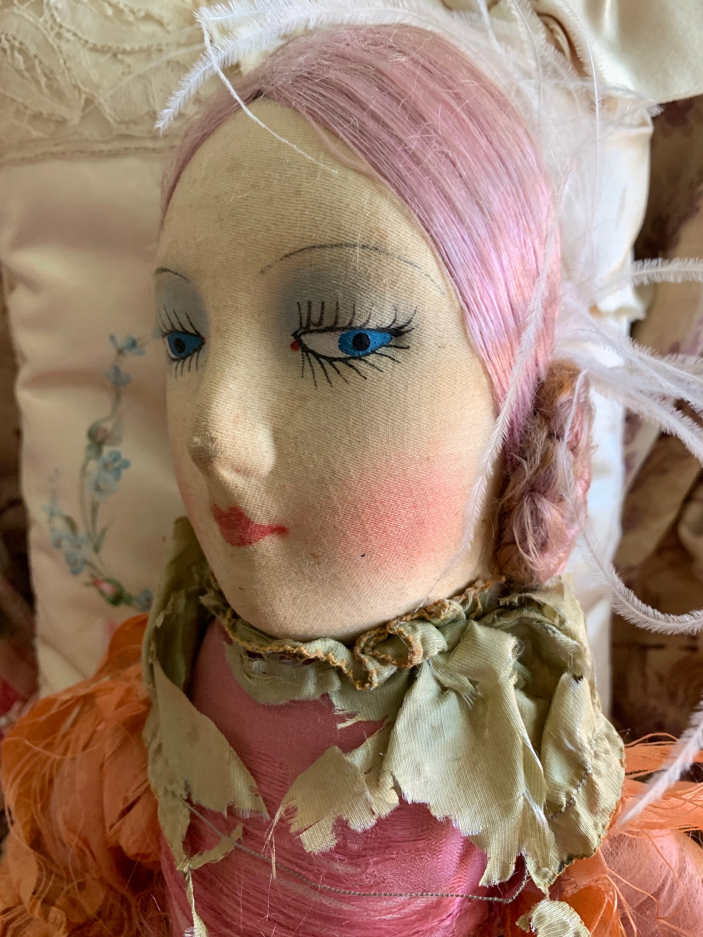 Vintage pink lavender hair flapper boudoir doll French style bed doll