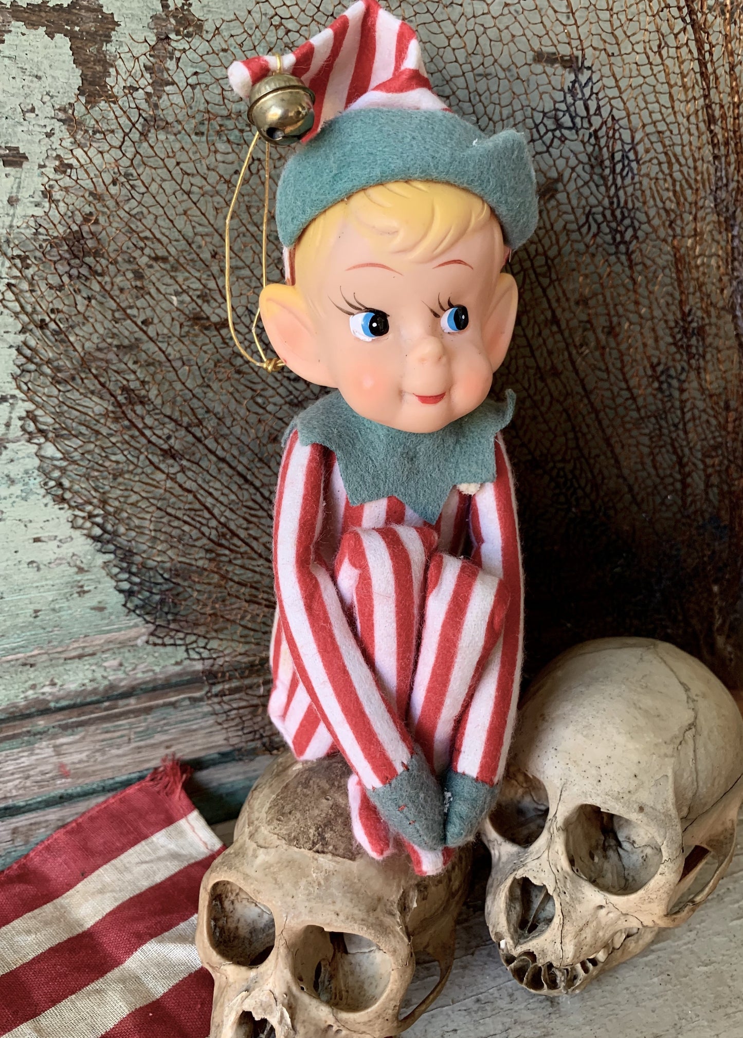 Vintage knee hugger elf red striped Christmas shelf sitter pixie