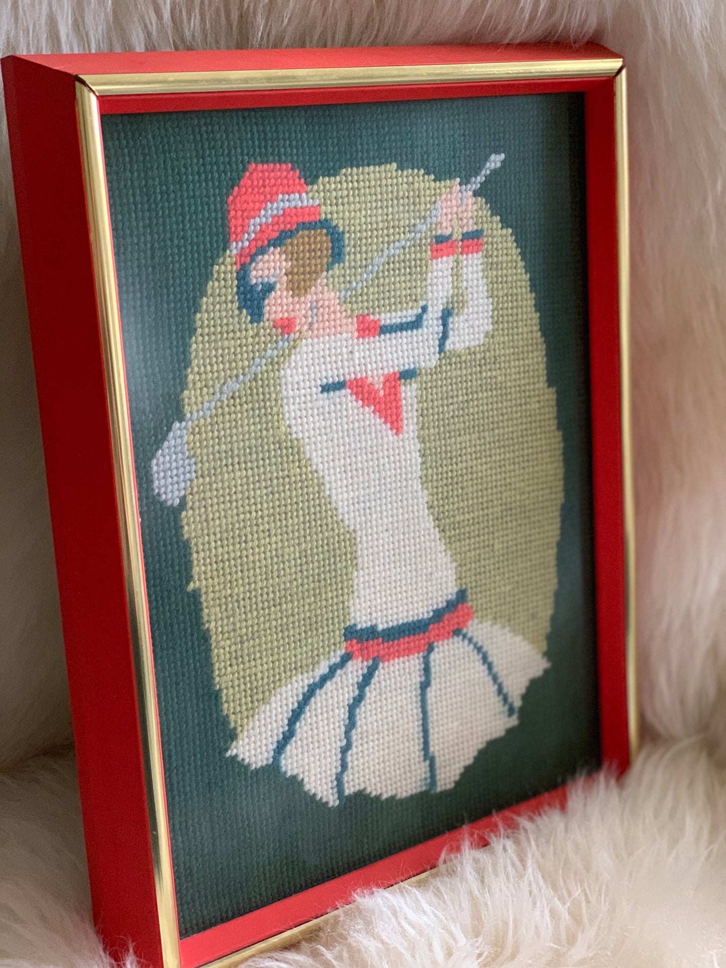 Vintage framed golfer needlepoint