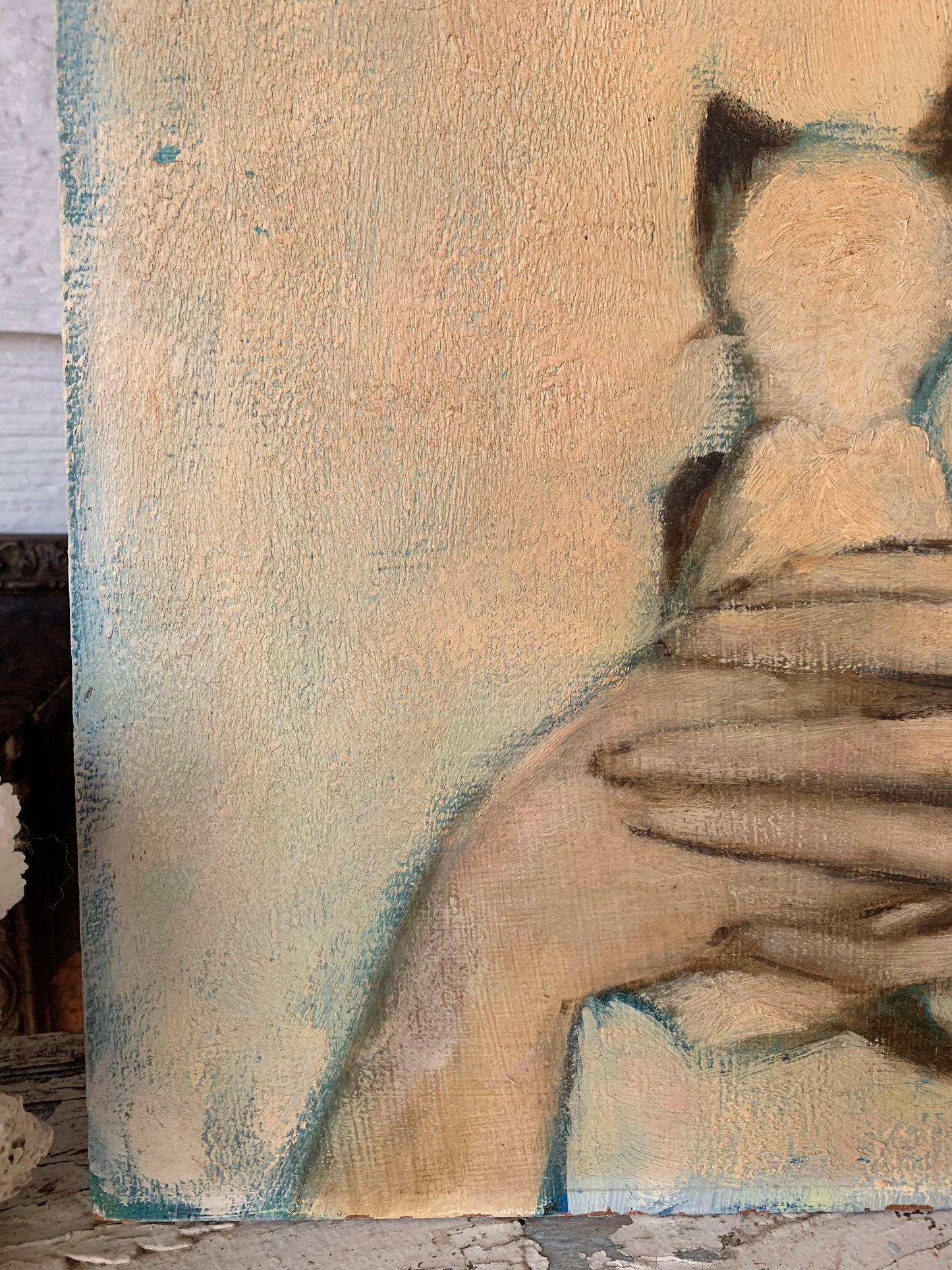 Vintage original Allen Brent painting big eye girl with kitten