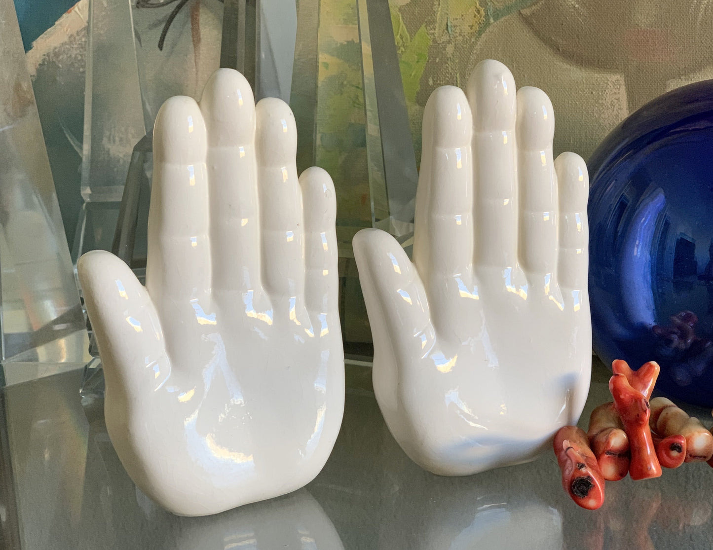 Vintage pair white figural hand bookends modern statue set