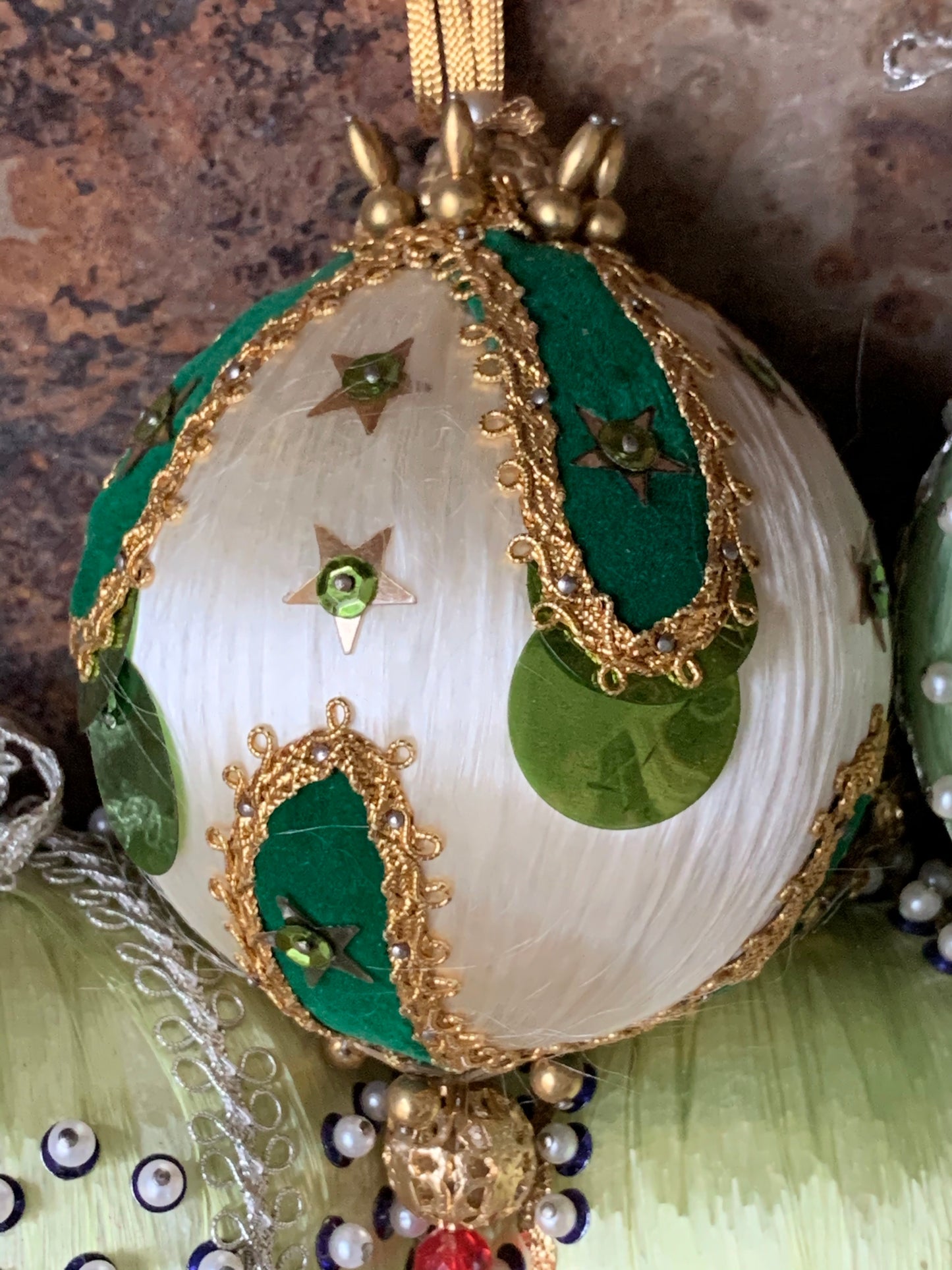 Vintage set green beaded Christmas ornaments