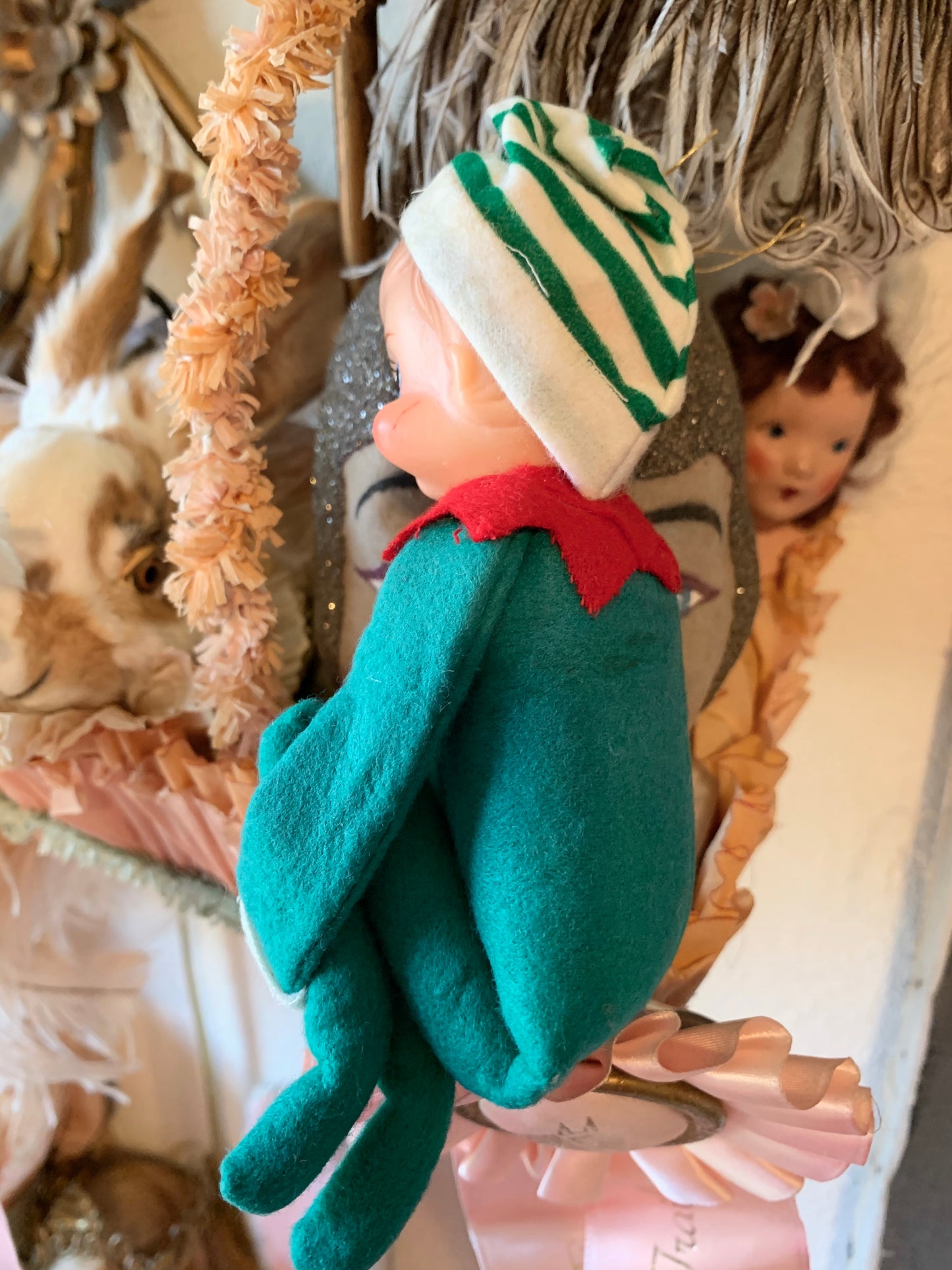 Vintage knee hugger elf Christmas shelf sitter pixie doll