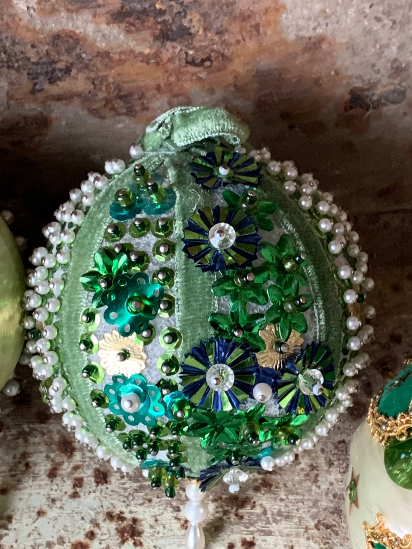 Vintage set green beaded Christmas ornaments