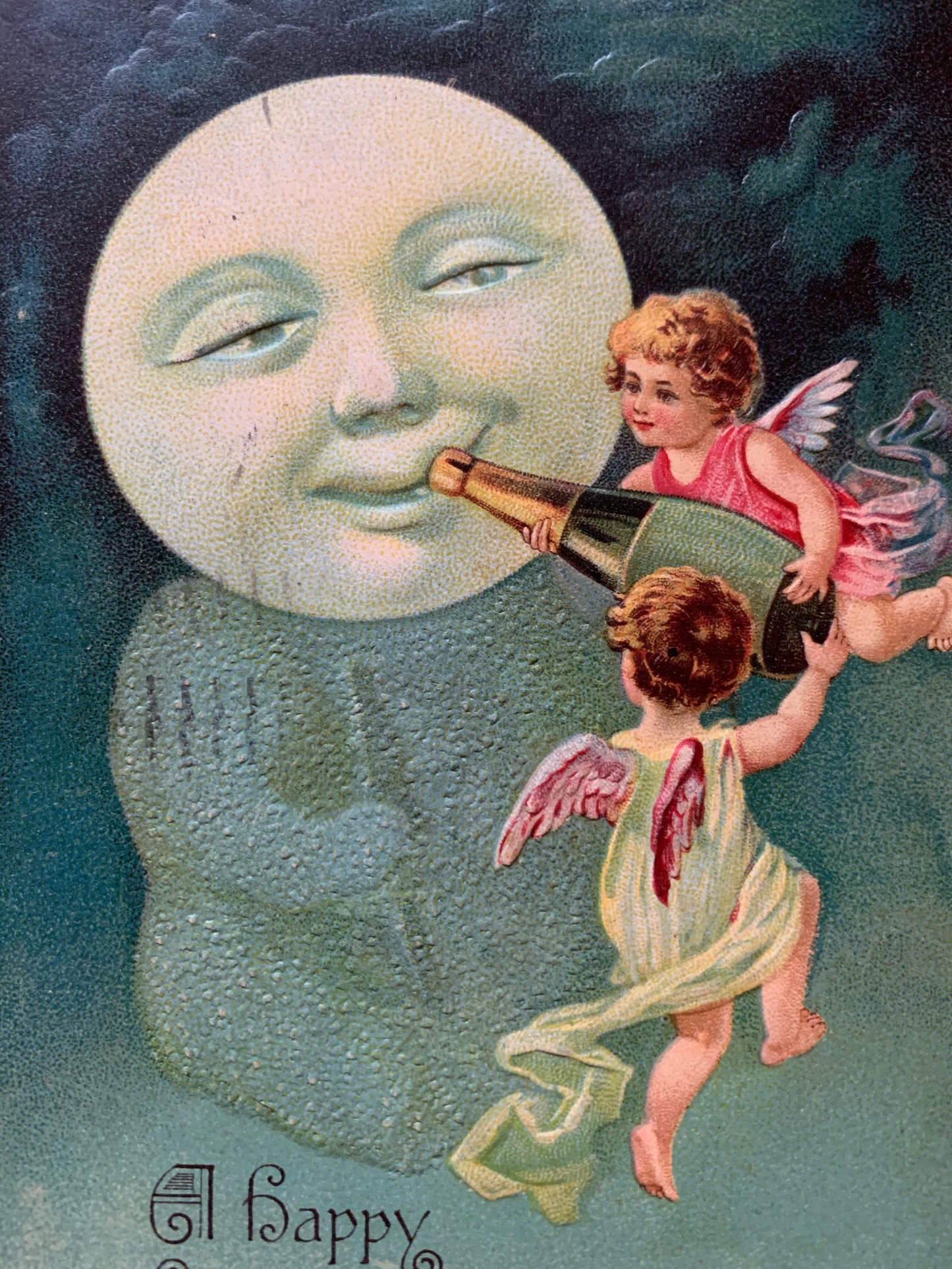 Antique Happy New Year moon baby postcard