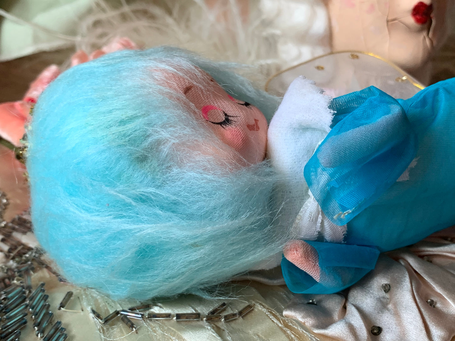 Vintage blue hair angel ornament