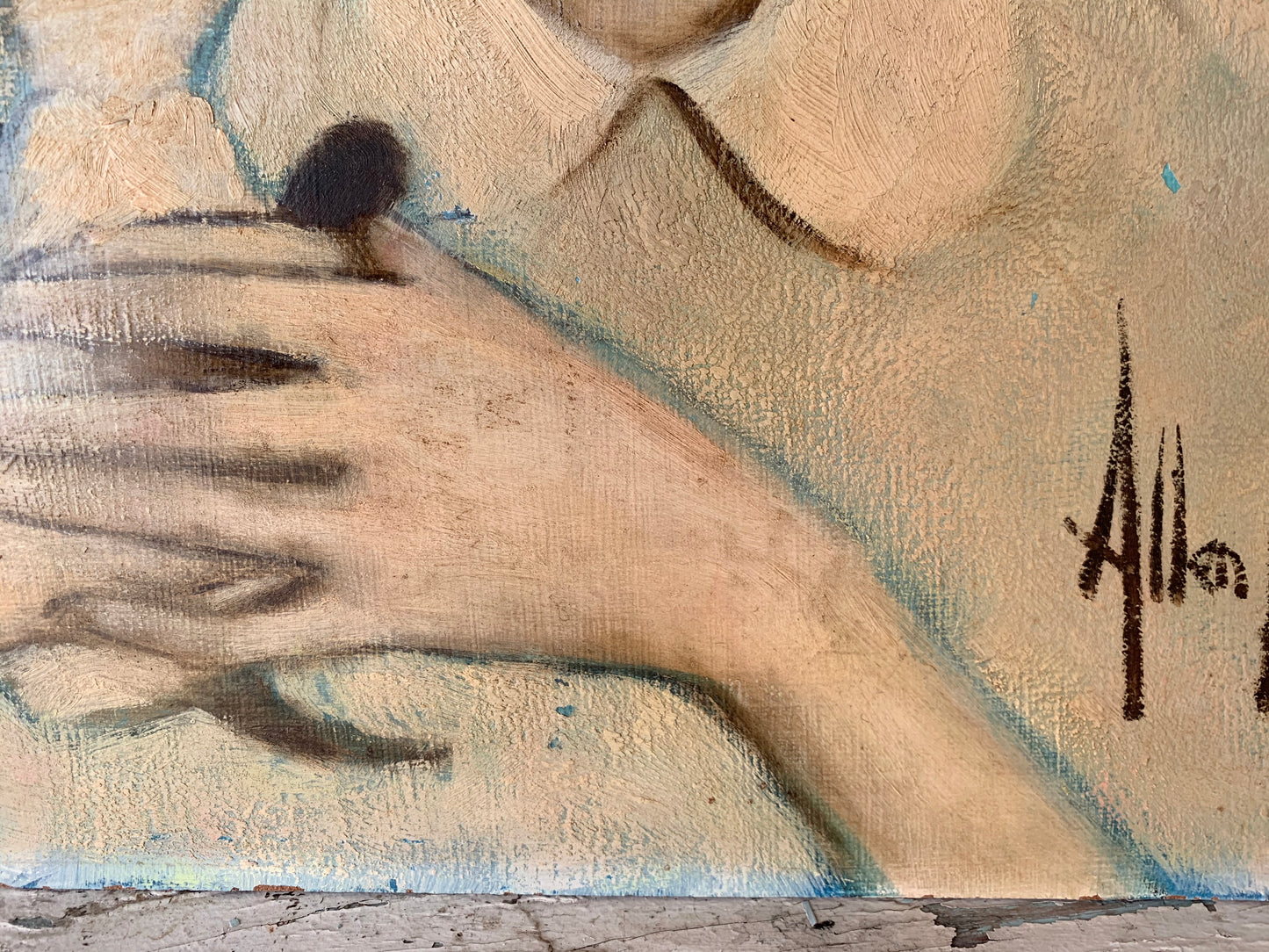 Vintage original Allen Brent painting big eye girl with kitten