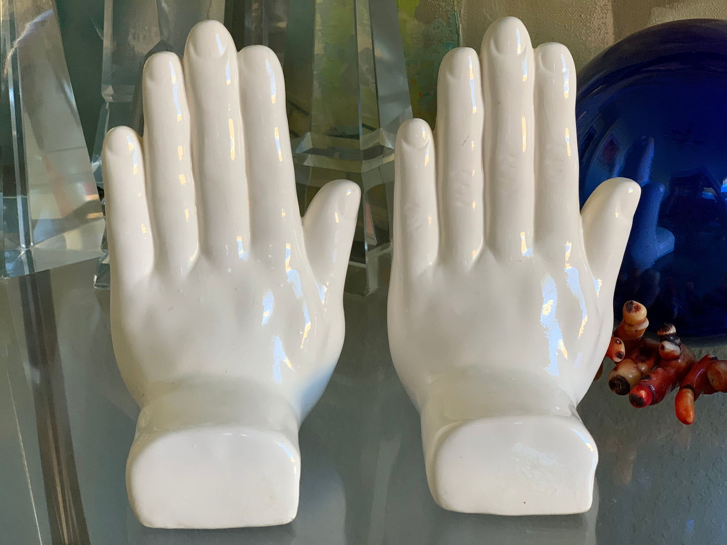 Vintage pair white figural hand bookends modern statue set