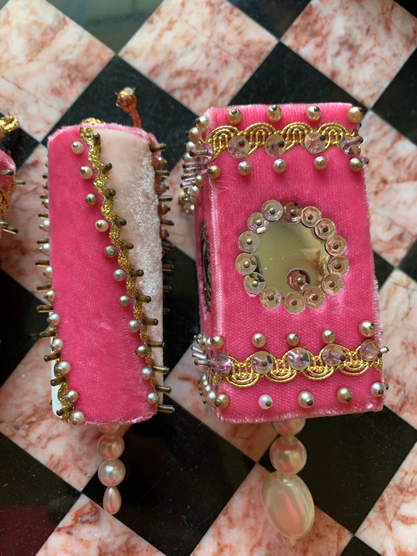 Vintage set pink velvet beaded handmade retro Christmas ornaments