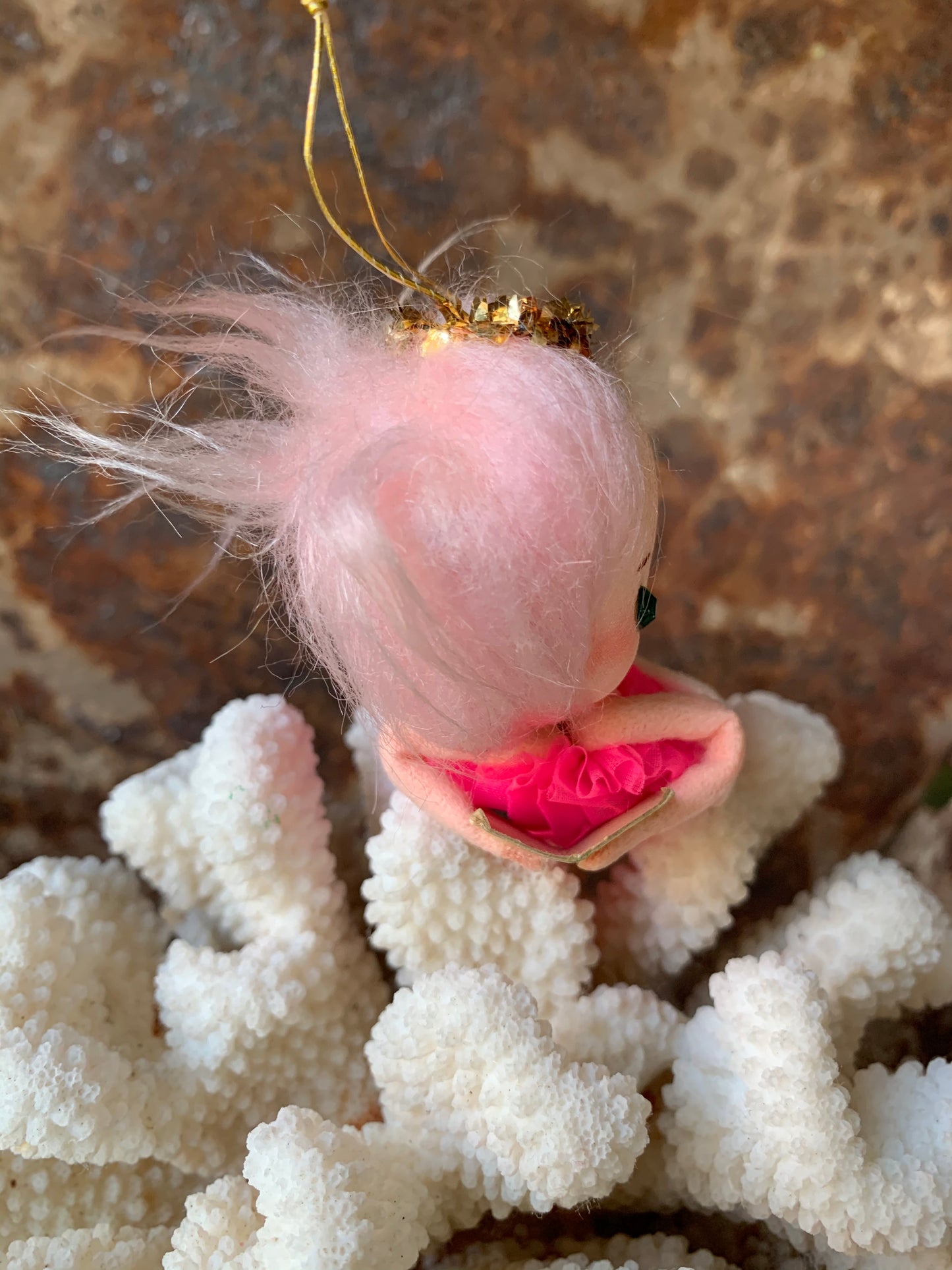 Vintage mini pink hair angel ornament Christmas pixie