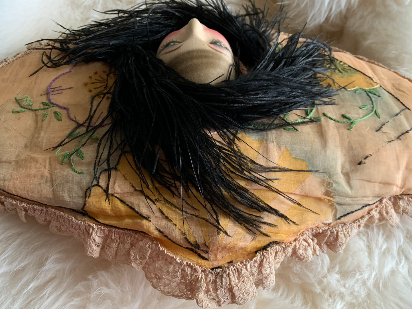 Assembled shabby vintage doll face pillow