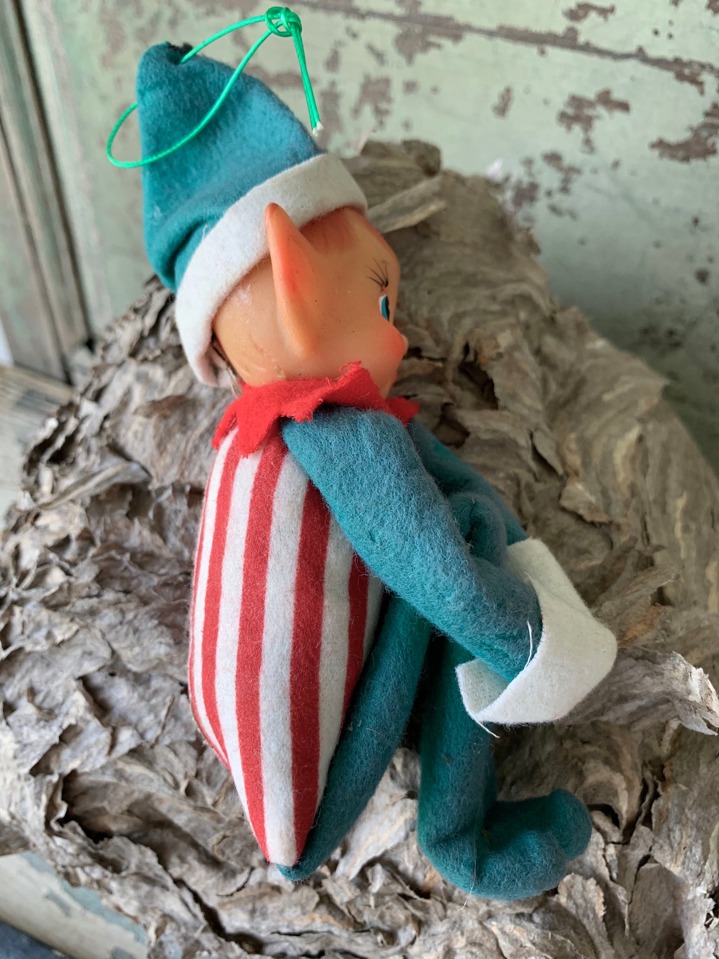 Vintage knee hugger elf striped Christmas shelf sitter pixie