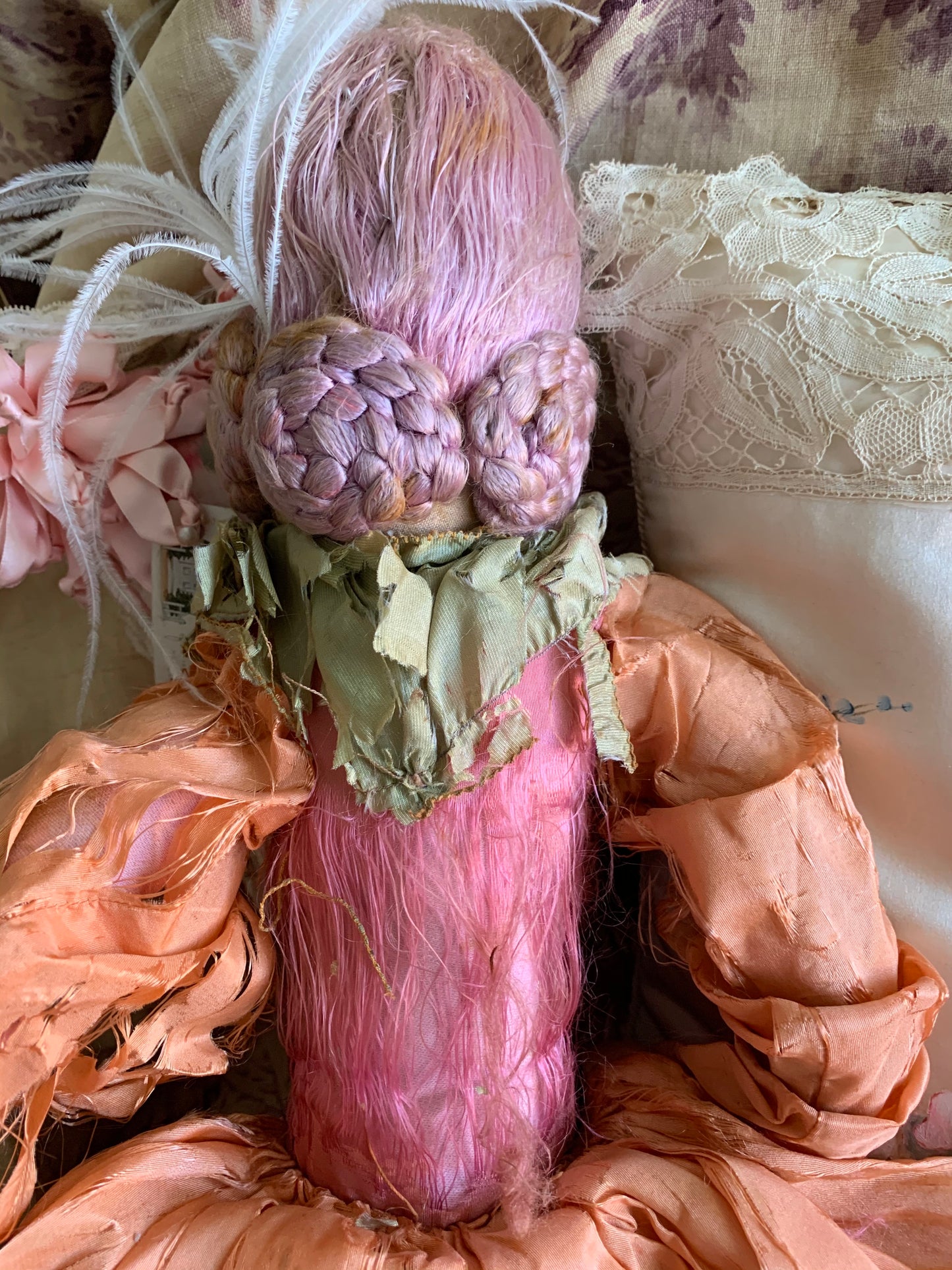 Vintage pink lavender hair flapper boudoir doll French style bed doll