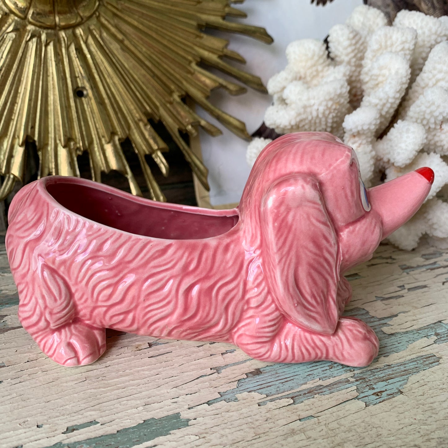 Vintage cute pink puppy ceramic Japan planter