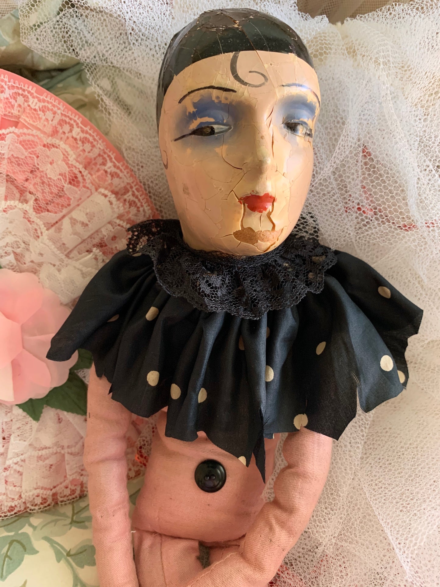 Vintage pierrot boudoir doll French style clown bed doll