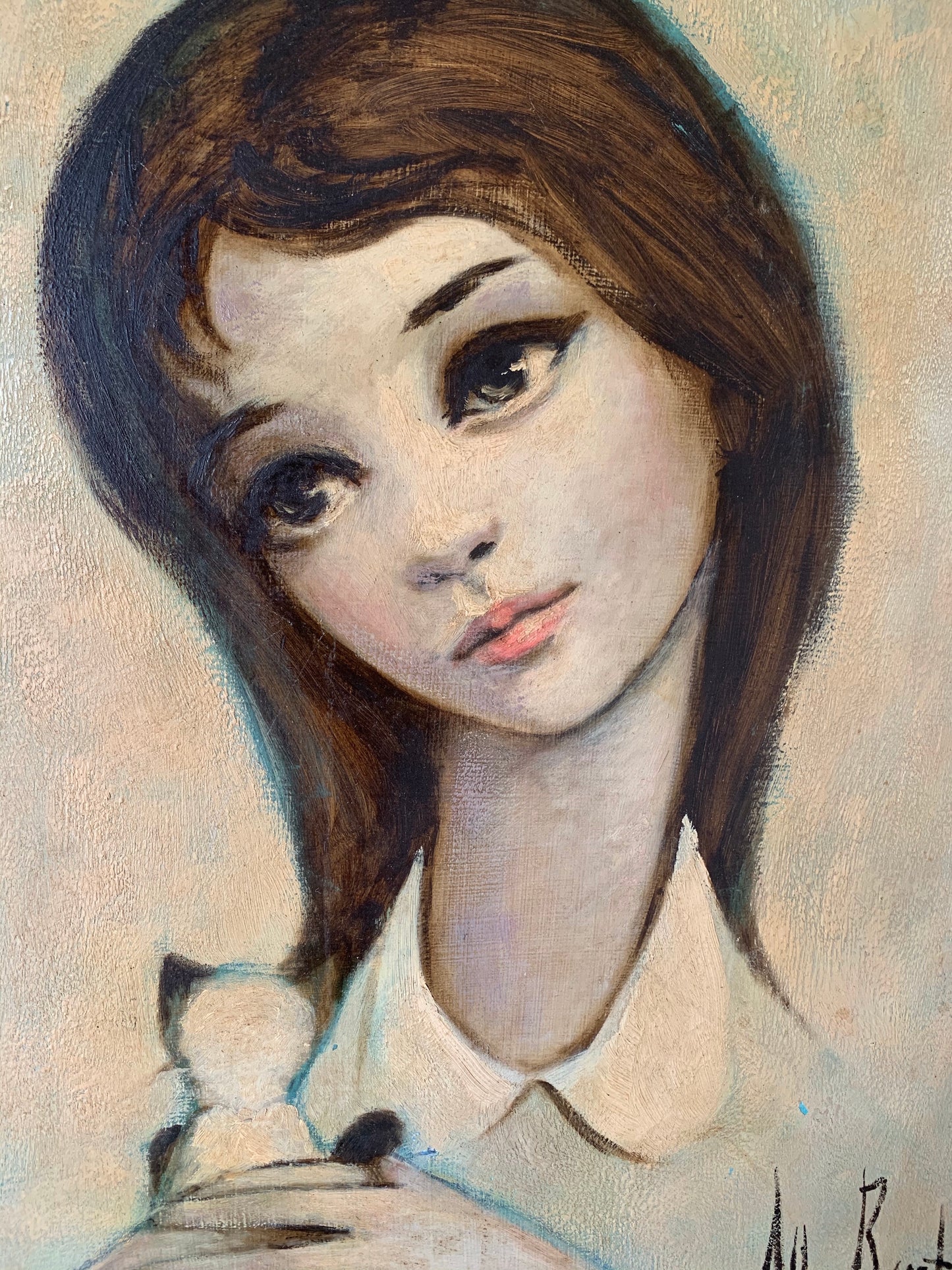 Vintage original Allen Brent painting big eye girl with kitten