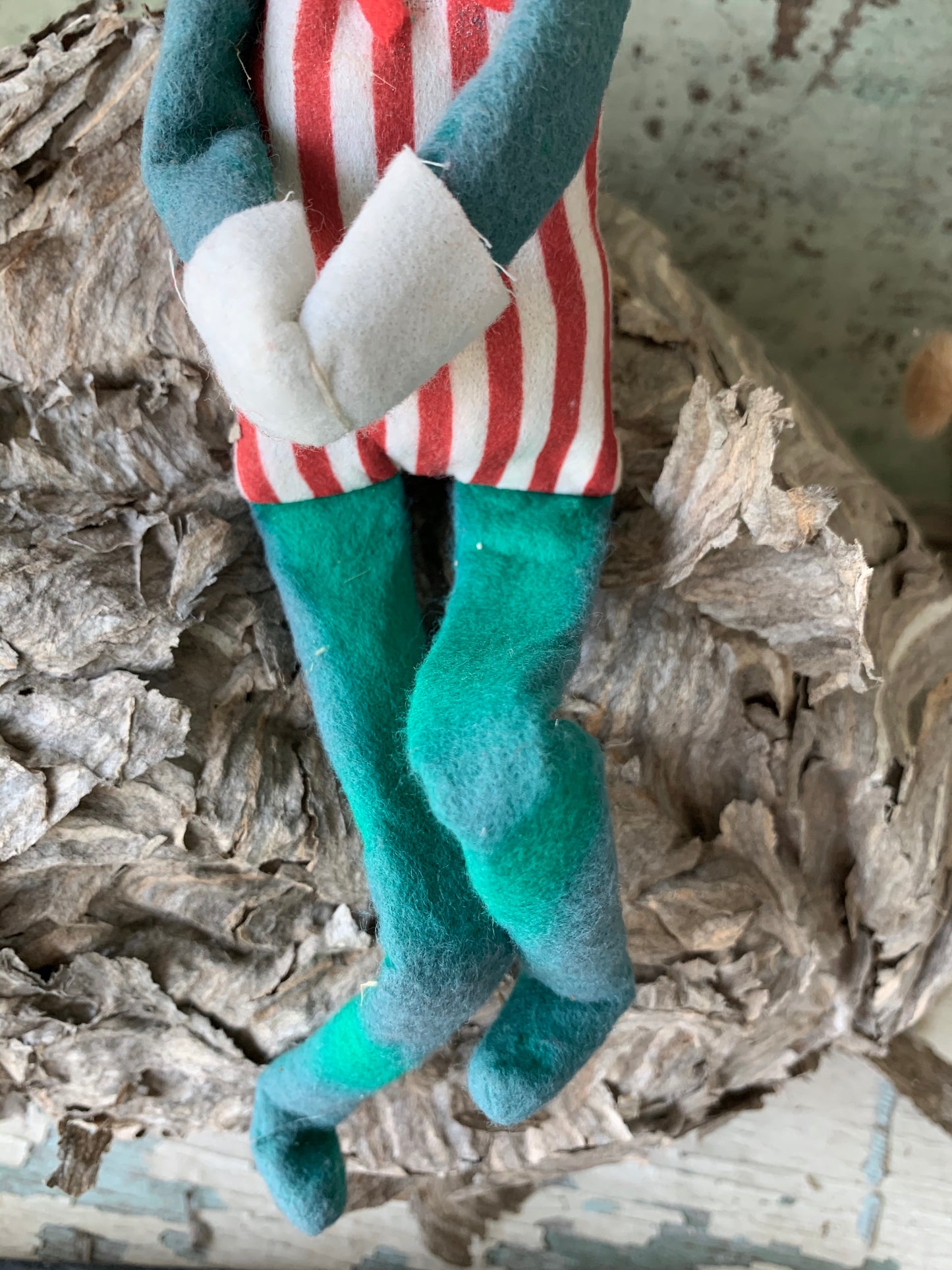 Vintage knee hugger elf striped Christmas shelf sitter pixie