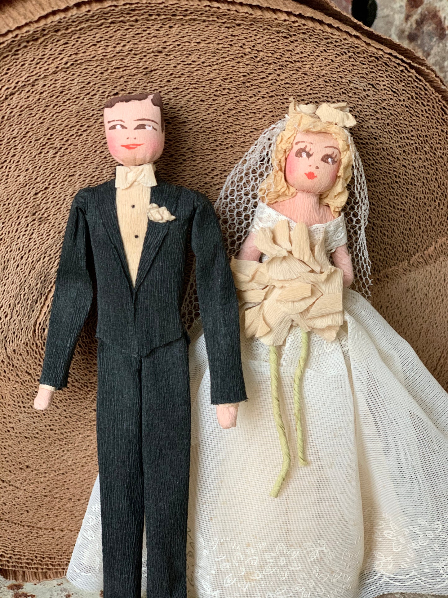 Vintage crepe paper wedding topper couple