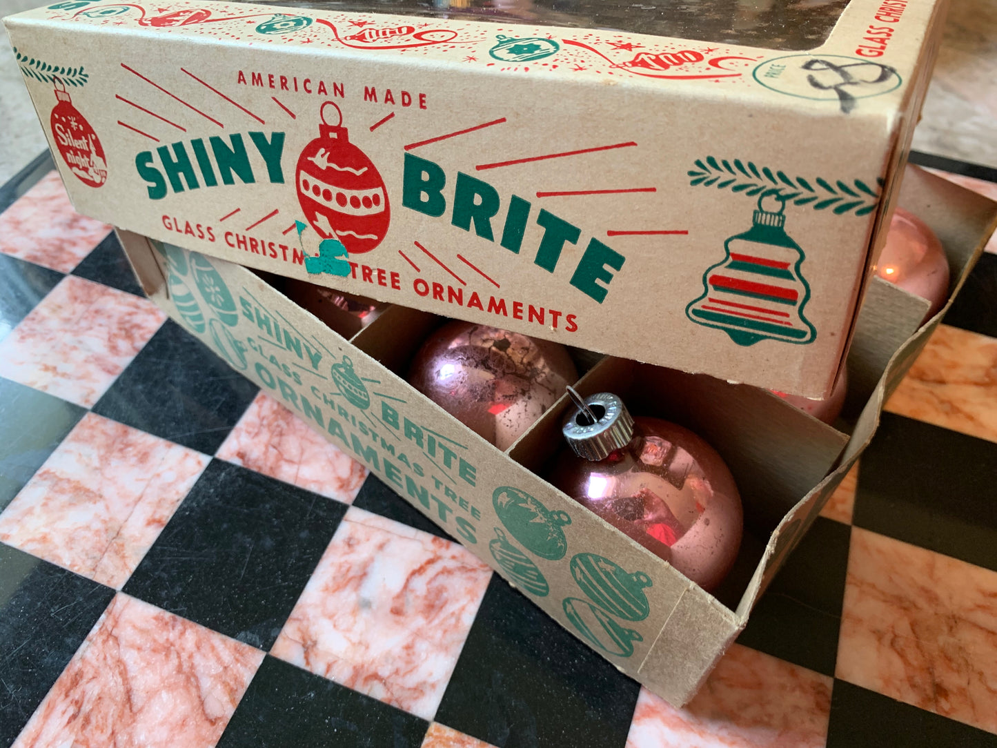 Vintage Shiny Brite pink box retro glass ball ornaments