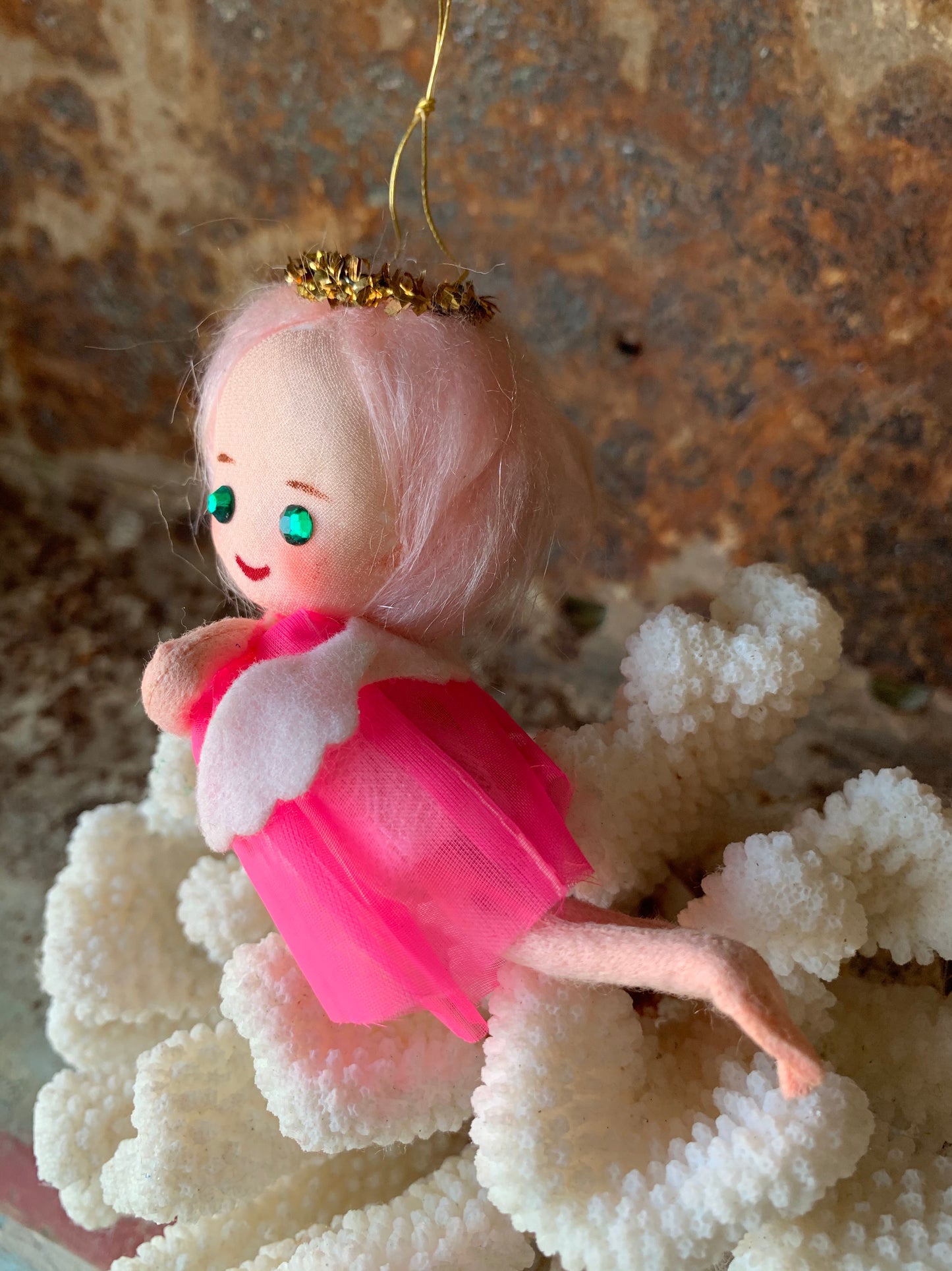 Vintage mini pink hair angel ornament Christmas pixie