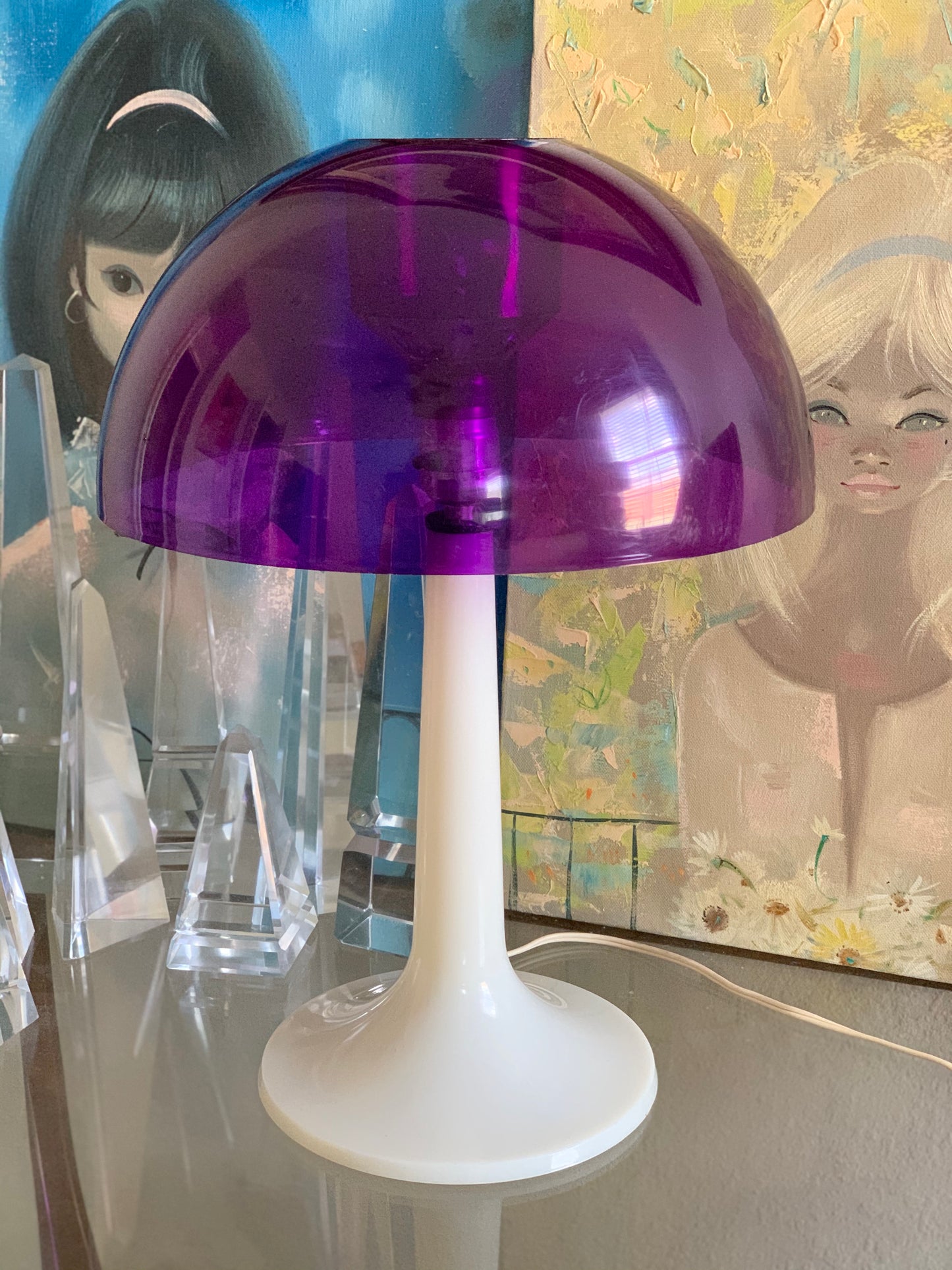 Mid century mushroom lamp Softlite purple white retro atomic table light