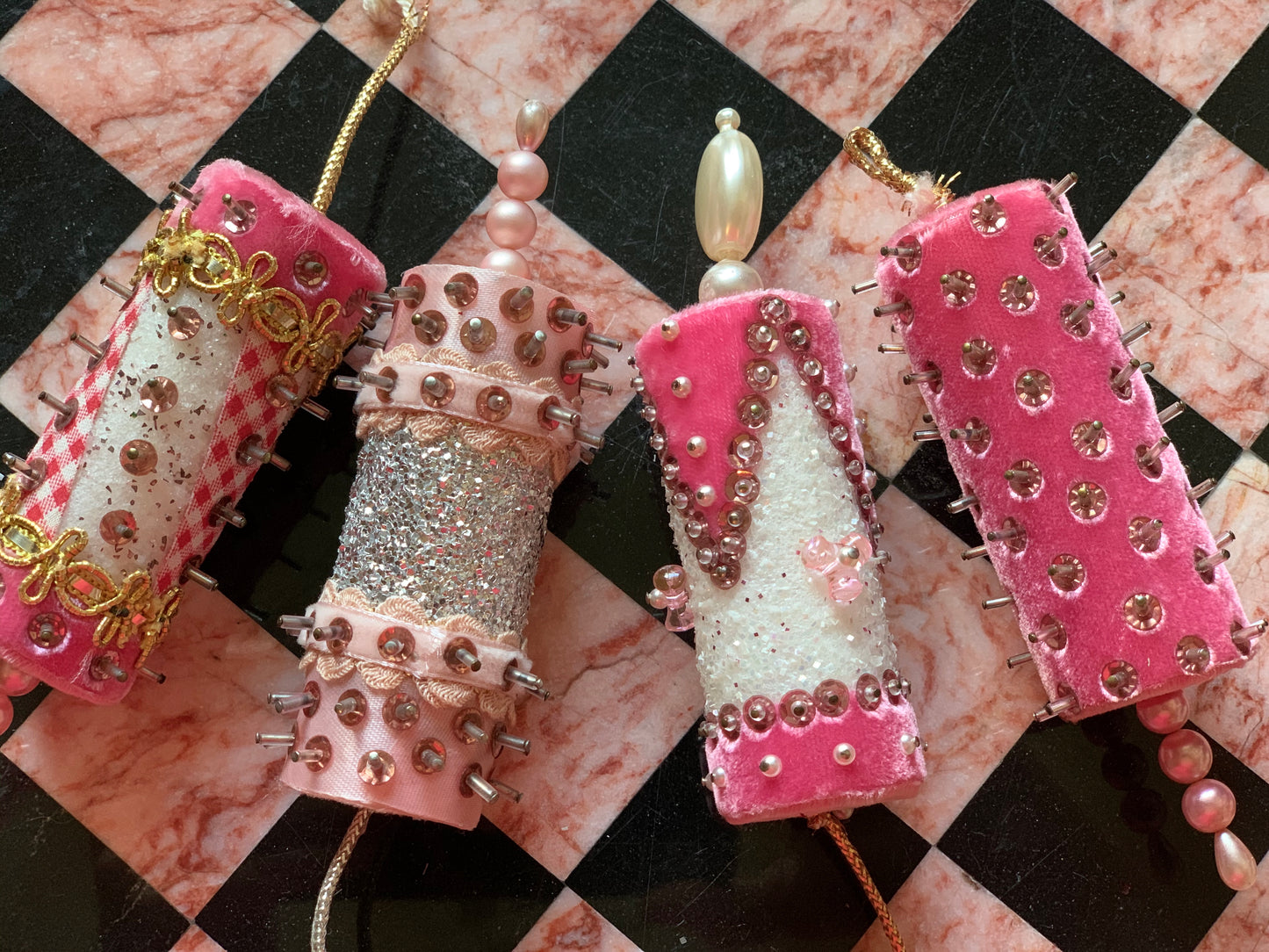 Vintage set pink velvet beaded handmade Christmas ornaments