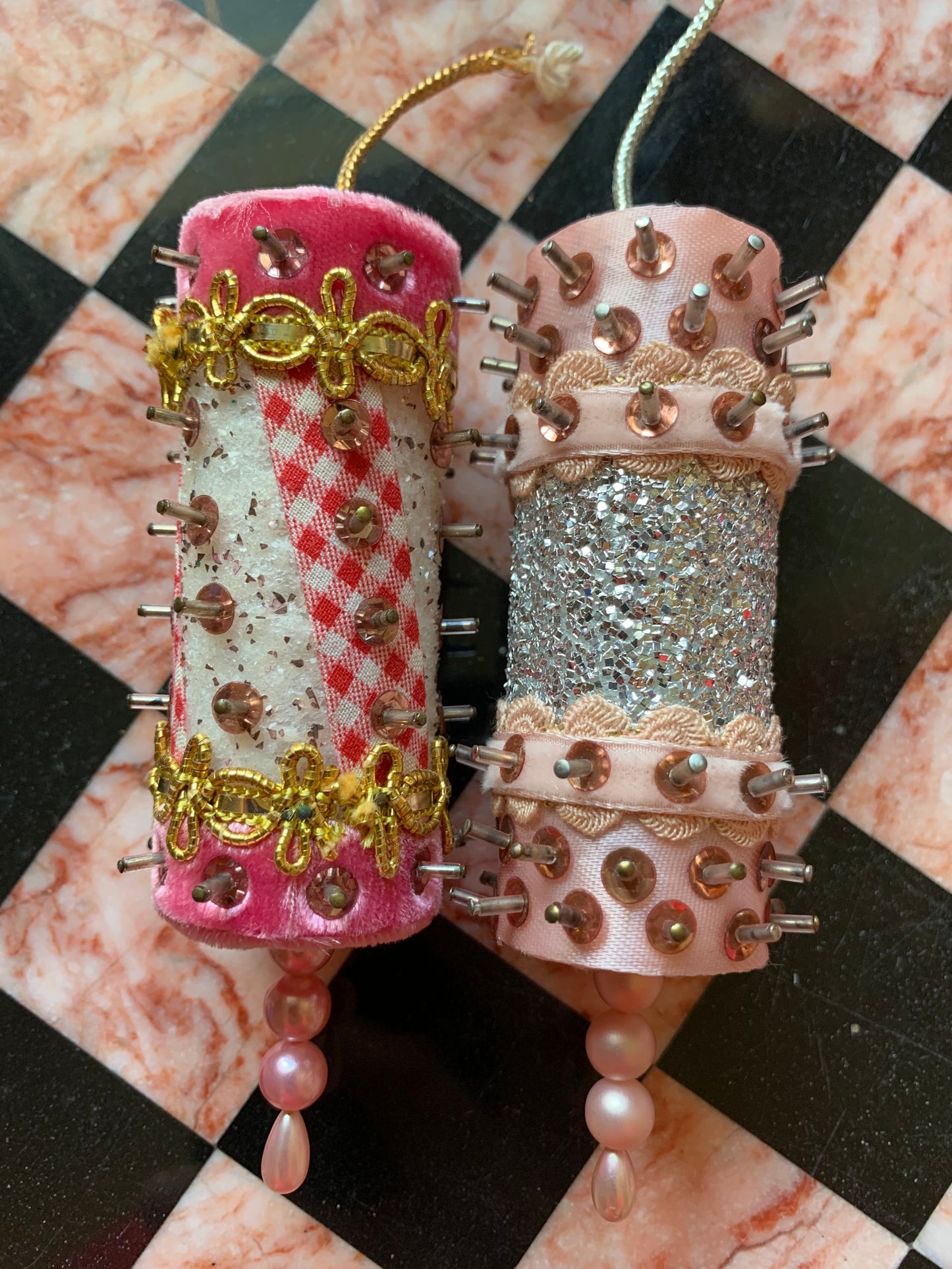 Vintage set pink velvet beaded handmade Christmas ornaments