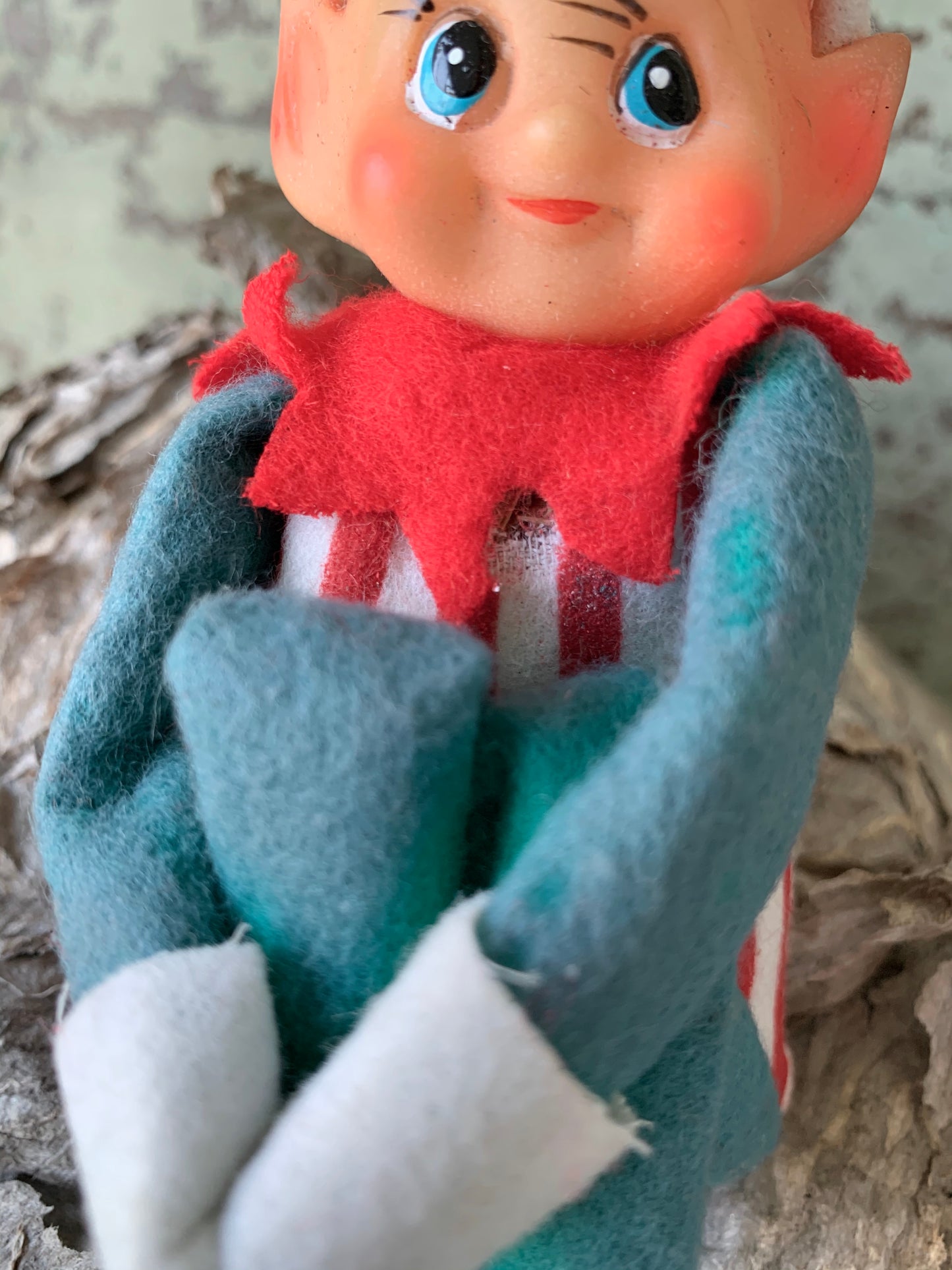 Vintage knee hugger elf striped Christmas shelf sitter pixie