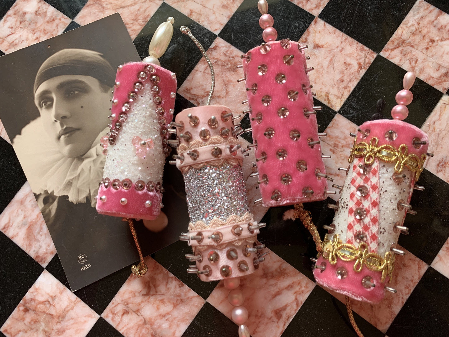 Vintage set pink velvet beaded handmade Christmas ornaments