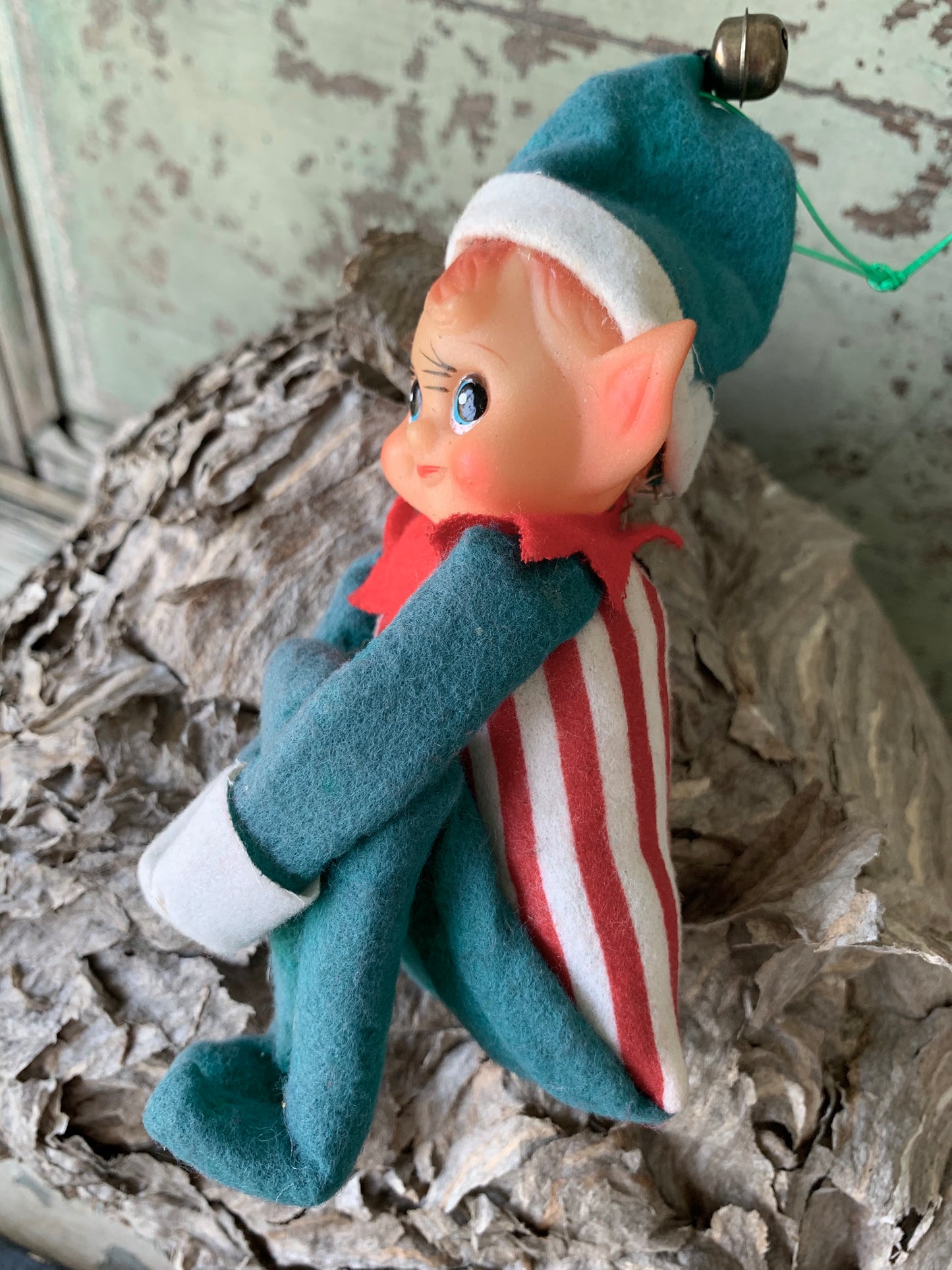Vintage knee hugger elf striped Christmas shelf sitter pixie