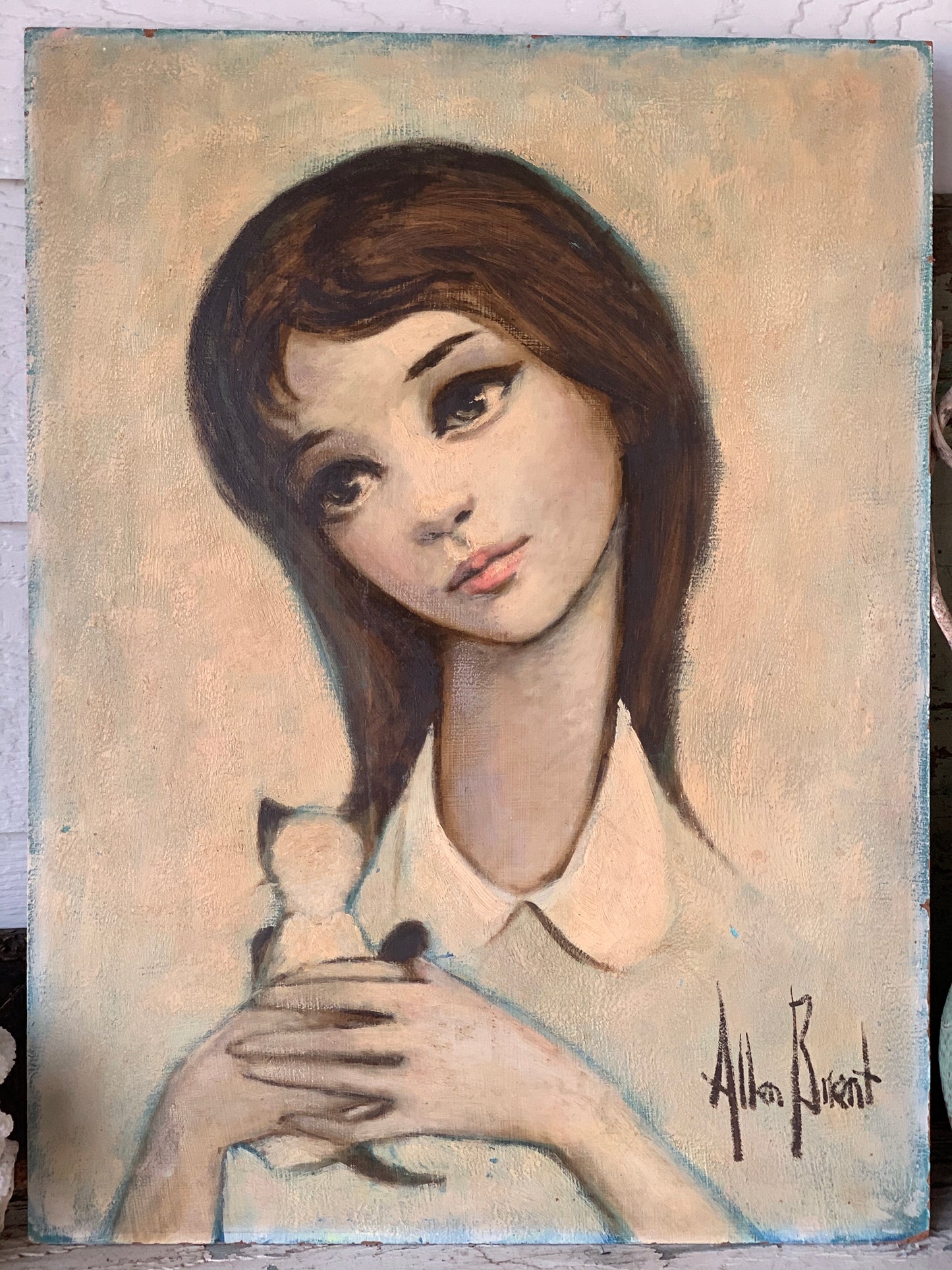 Vintage original Allen Brent painting big eye girl with kitten