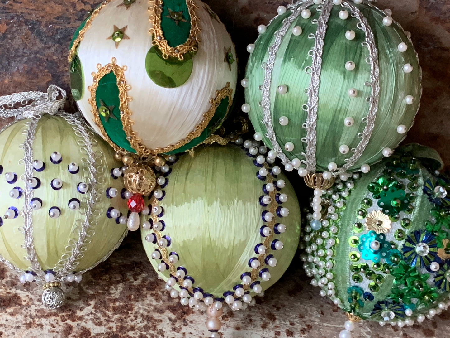Vintage set green beaded Christmas ornaments