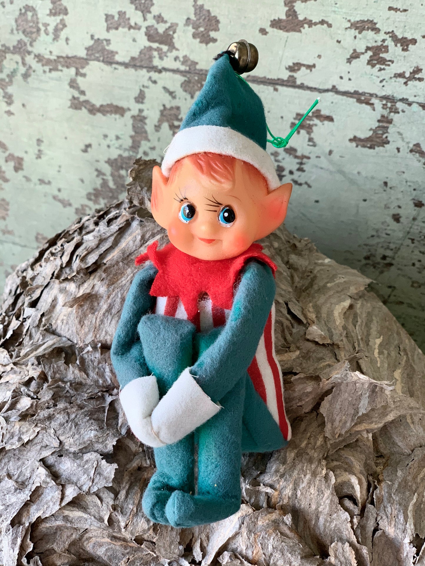 Vintage knee hugger elf striped Christmas shelf sitter pixie
