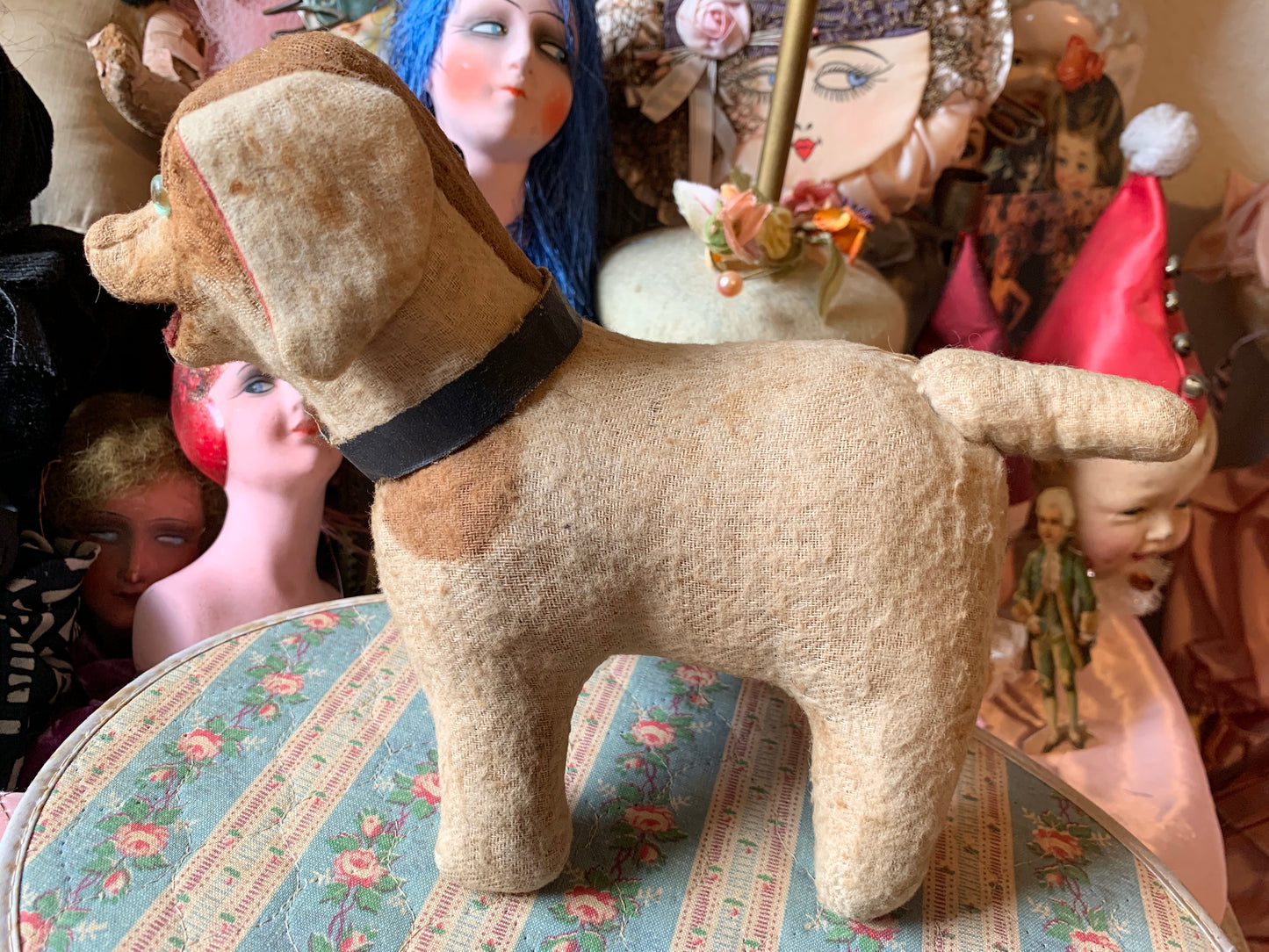 Vintage stuffed toy dog straw stuffed puppy rattle with glass eyes