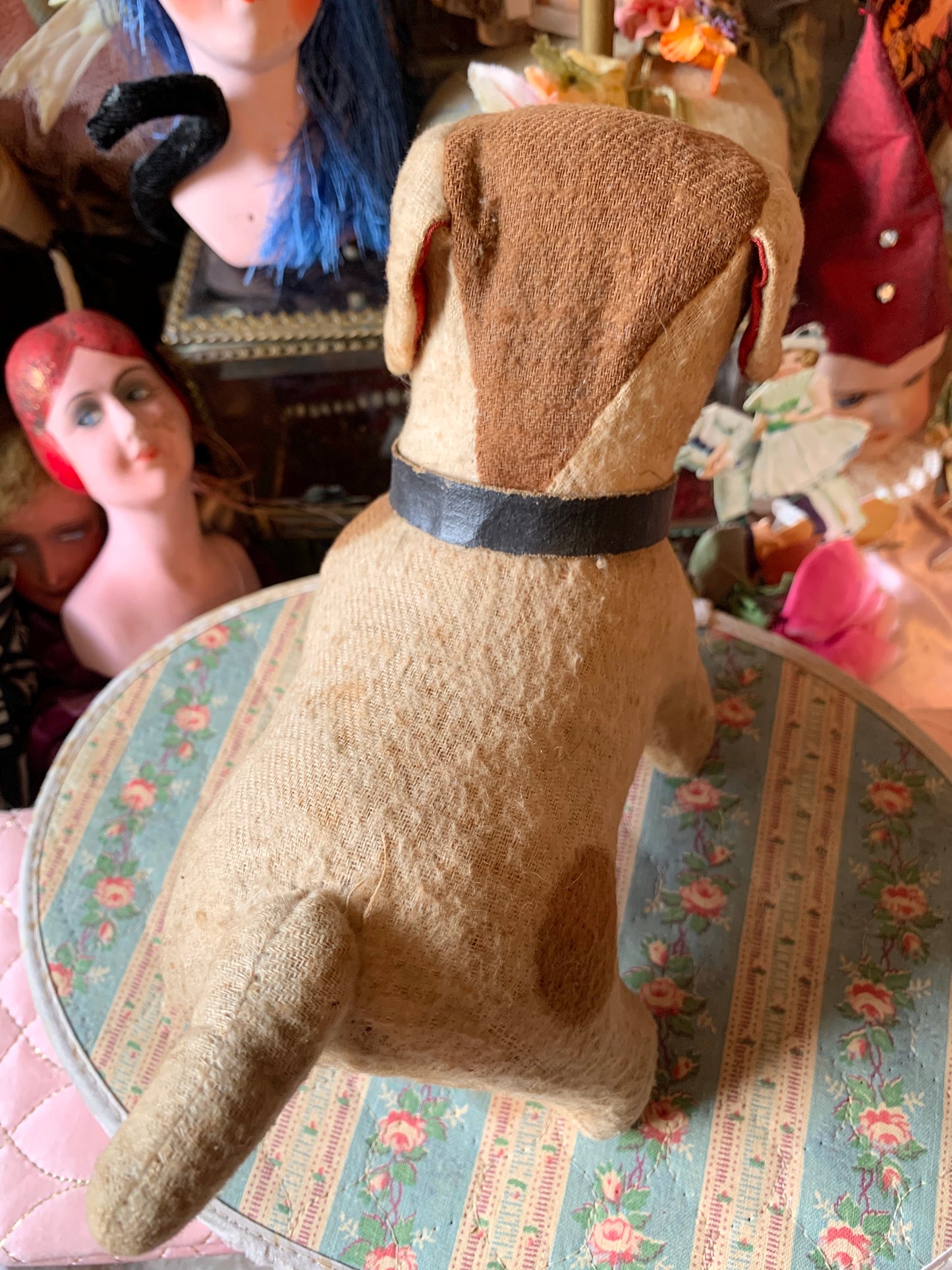 Vintage stuffed toy dog straw stuffed puppy rattle with glass eyes