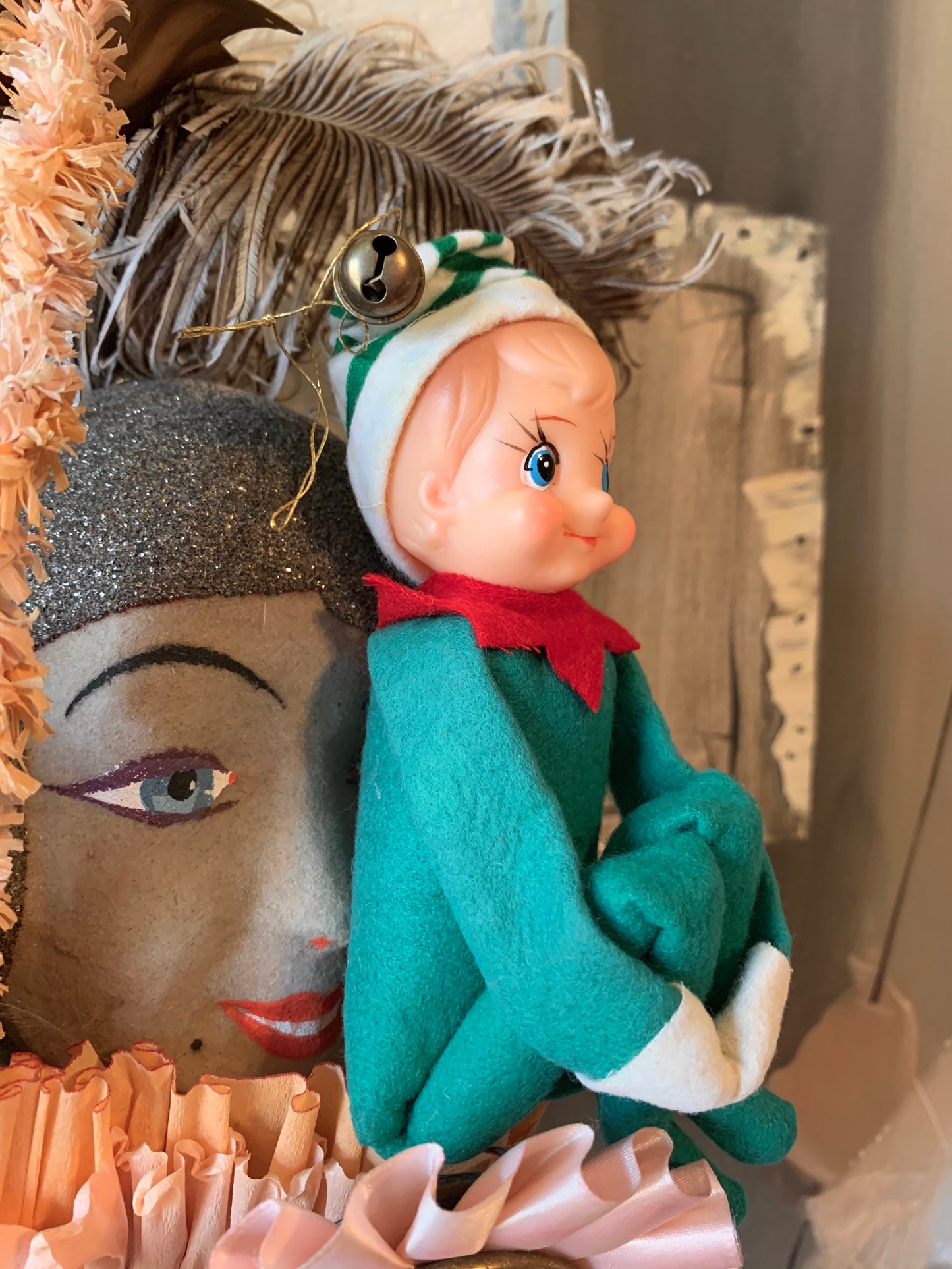 Vintage knee hugger elf Christmas shelf sitter pixie doll