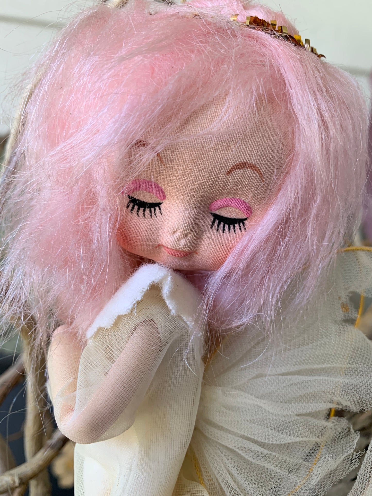 Vintage pink hair shabby Christmas angel
