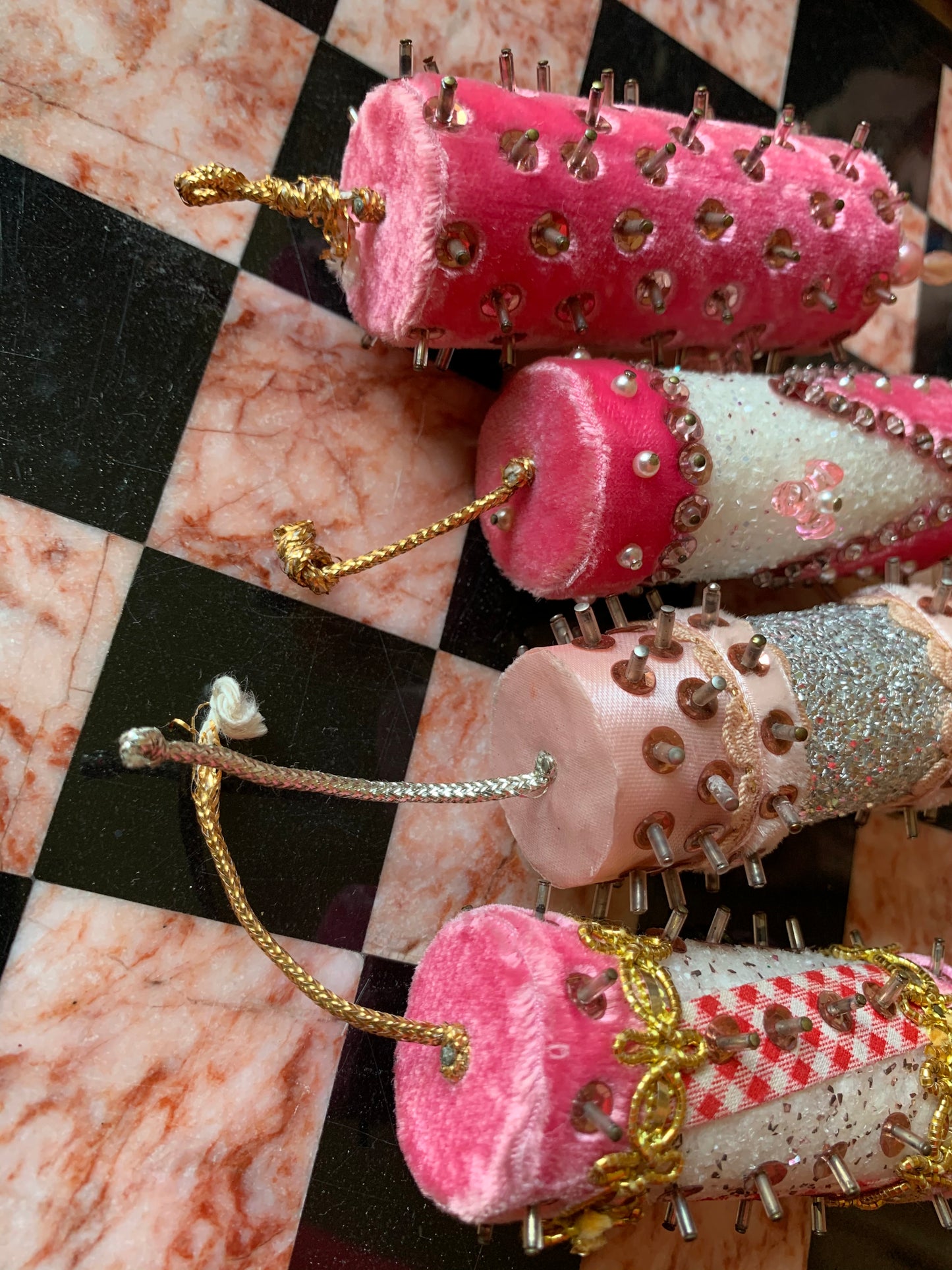 Vintage set pink velvet beaded handmade Christmas ornaments