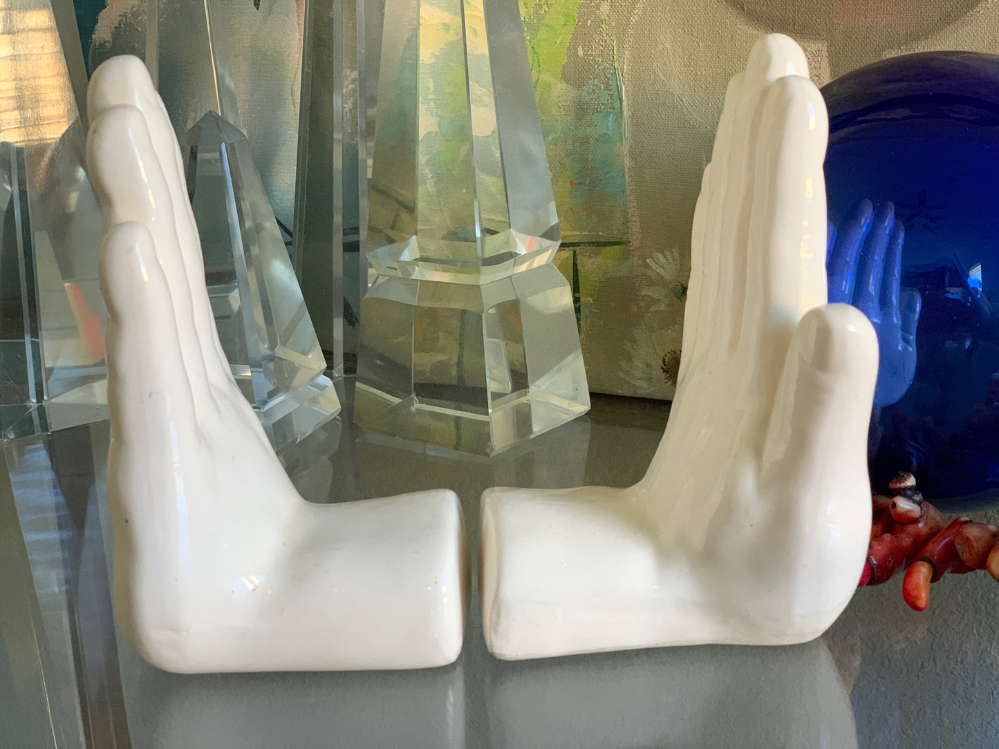 Vintage pair white figural hand bookends modern statue set