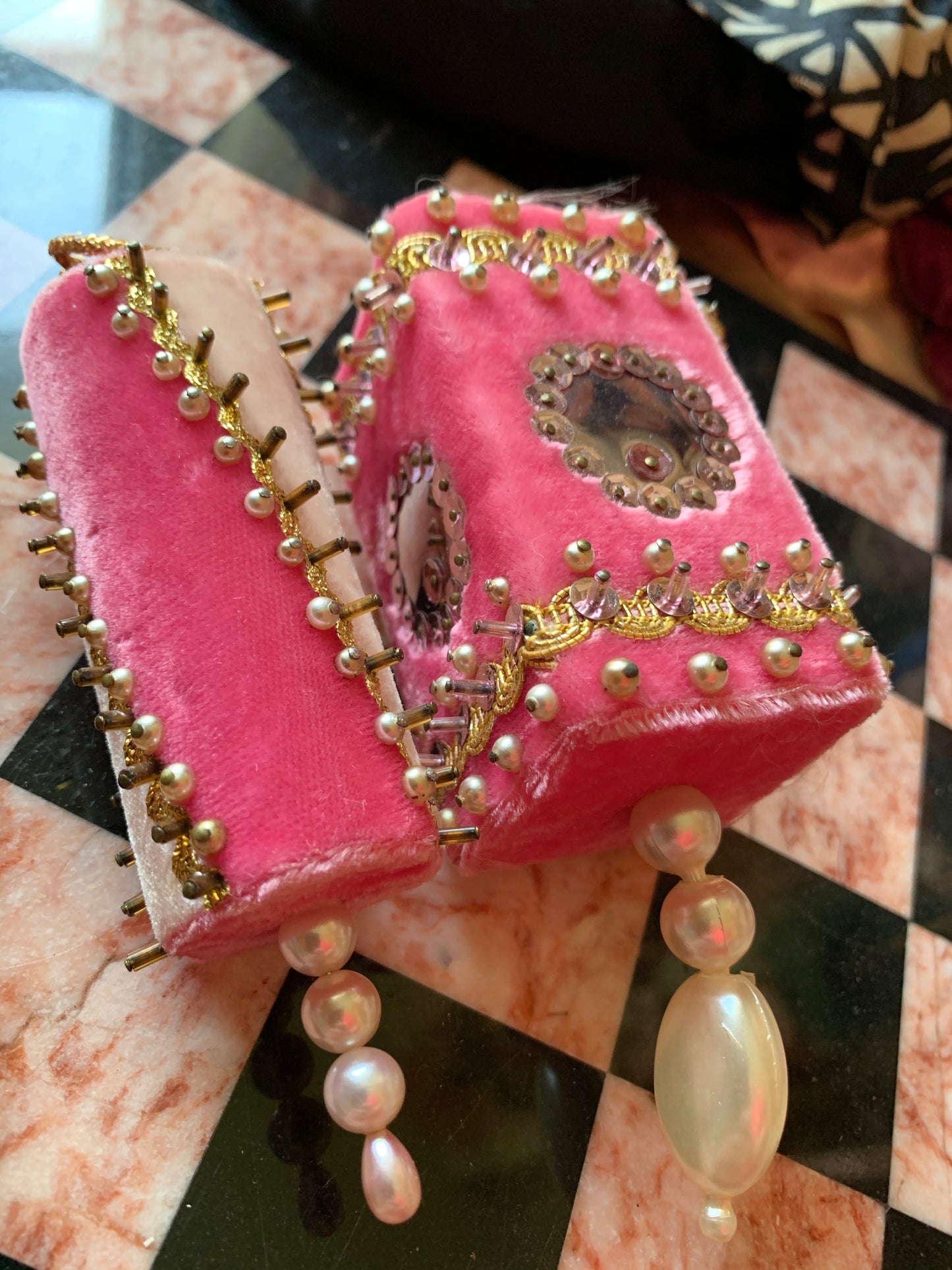 Vintage set pink velvet beaded handmade retro Christmas ornaments