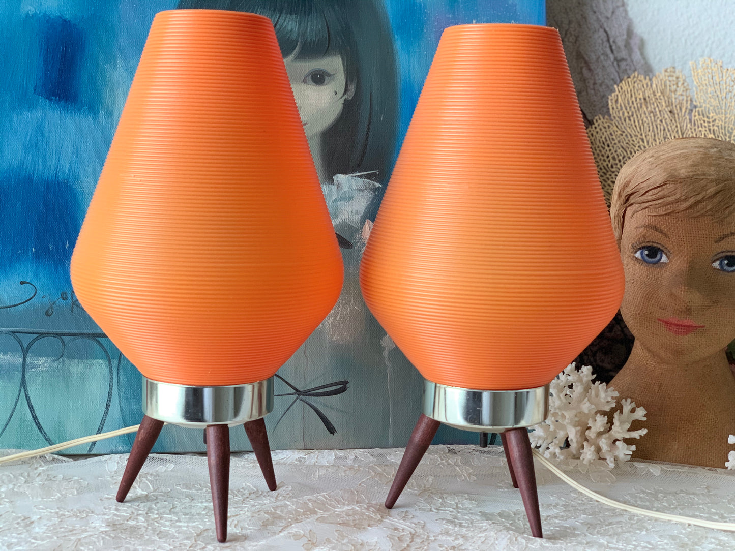 Vintage pair orange beehive lamps mid century lights