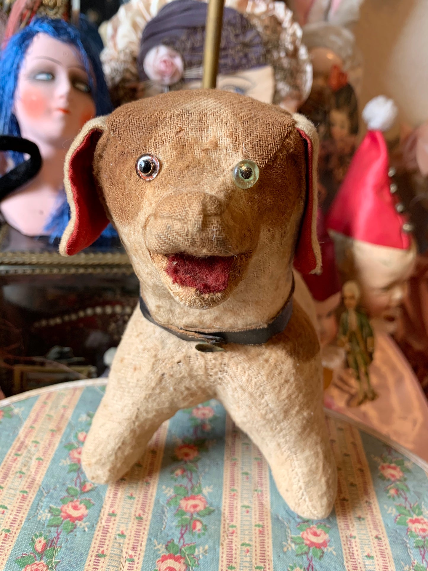 Vintage stuffed toy dog straw stuffed puppy rattle with glass eyes