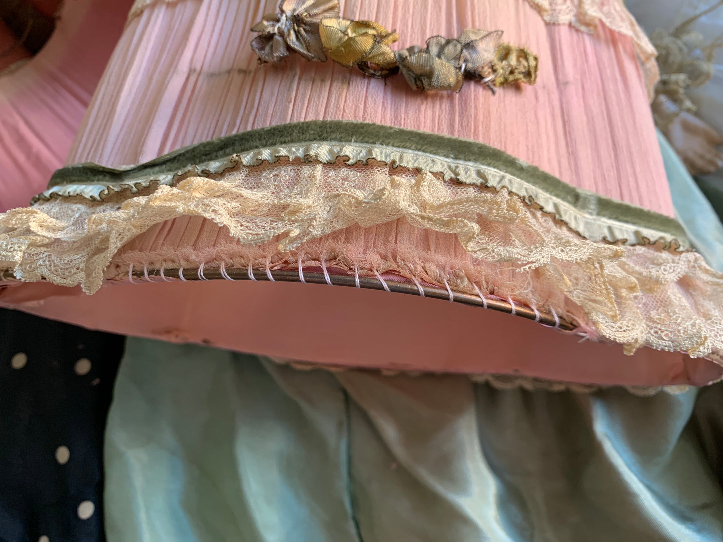 Antique pair shabby pink lampshades