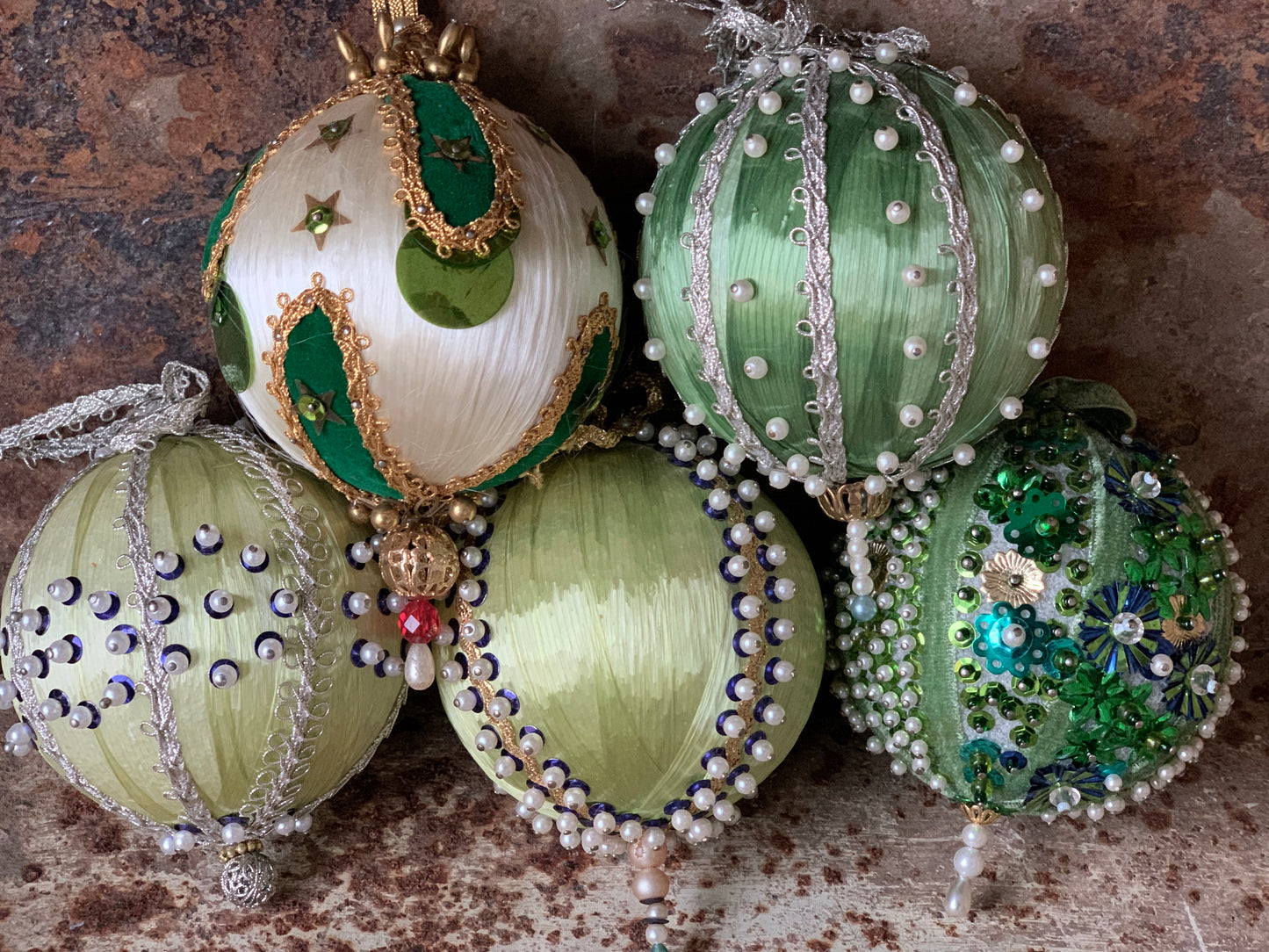 Vintage set green beaded Christmas ornaments
