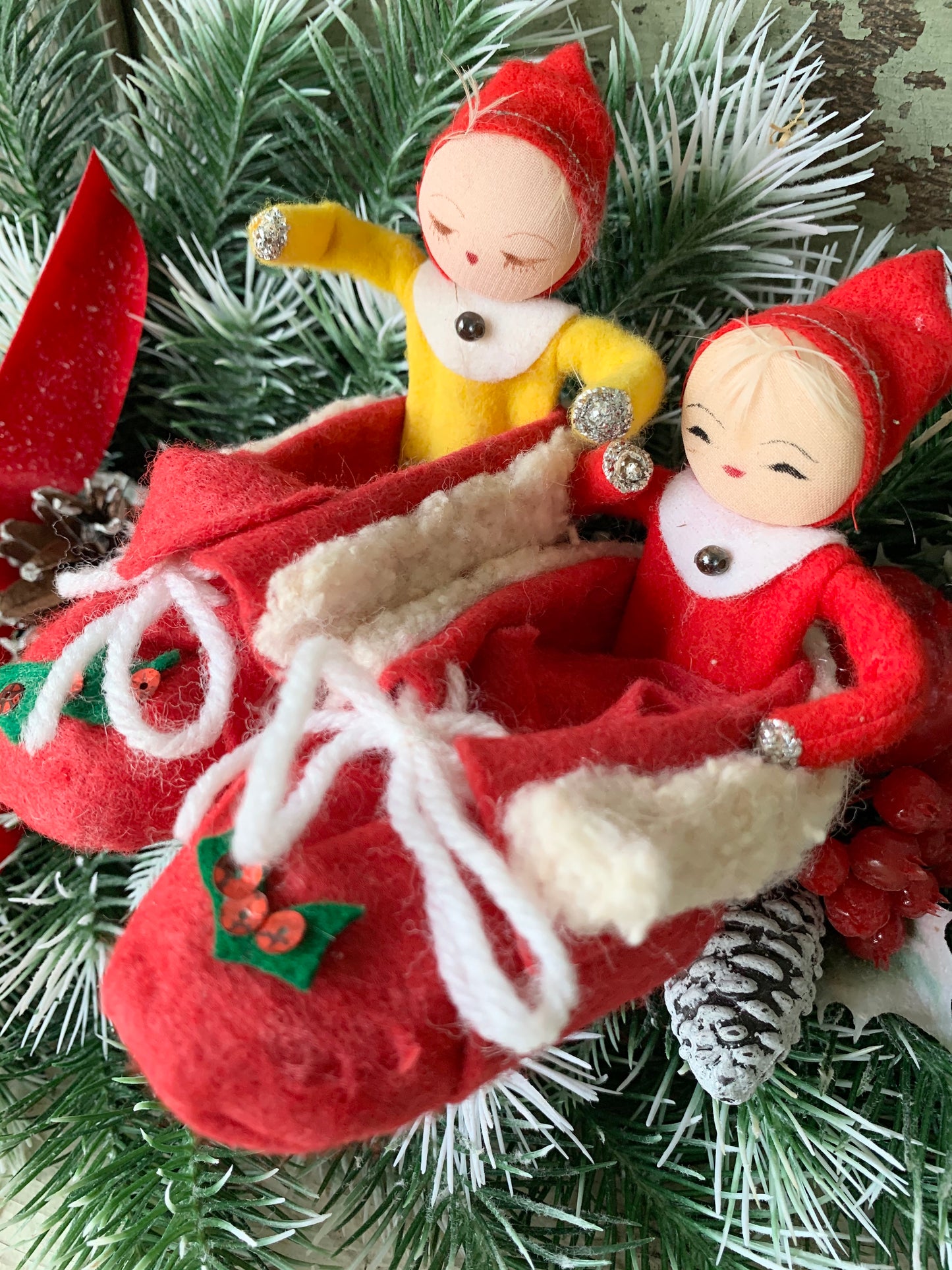 Vintage pair mini elves in boots Christmas pixies