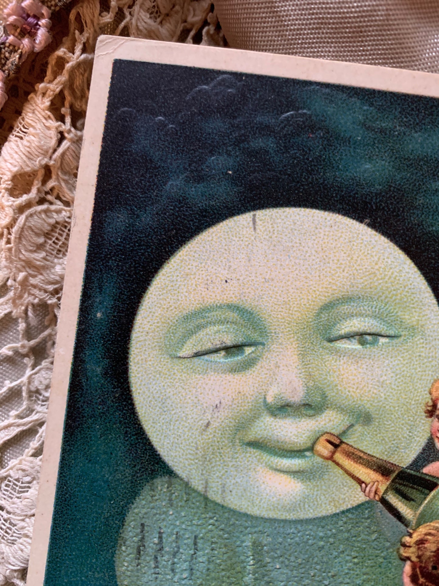 Antique Happy New Year moon baby postcard
