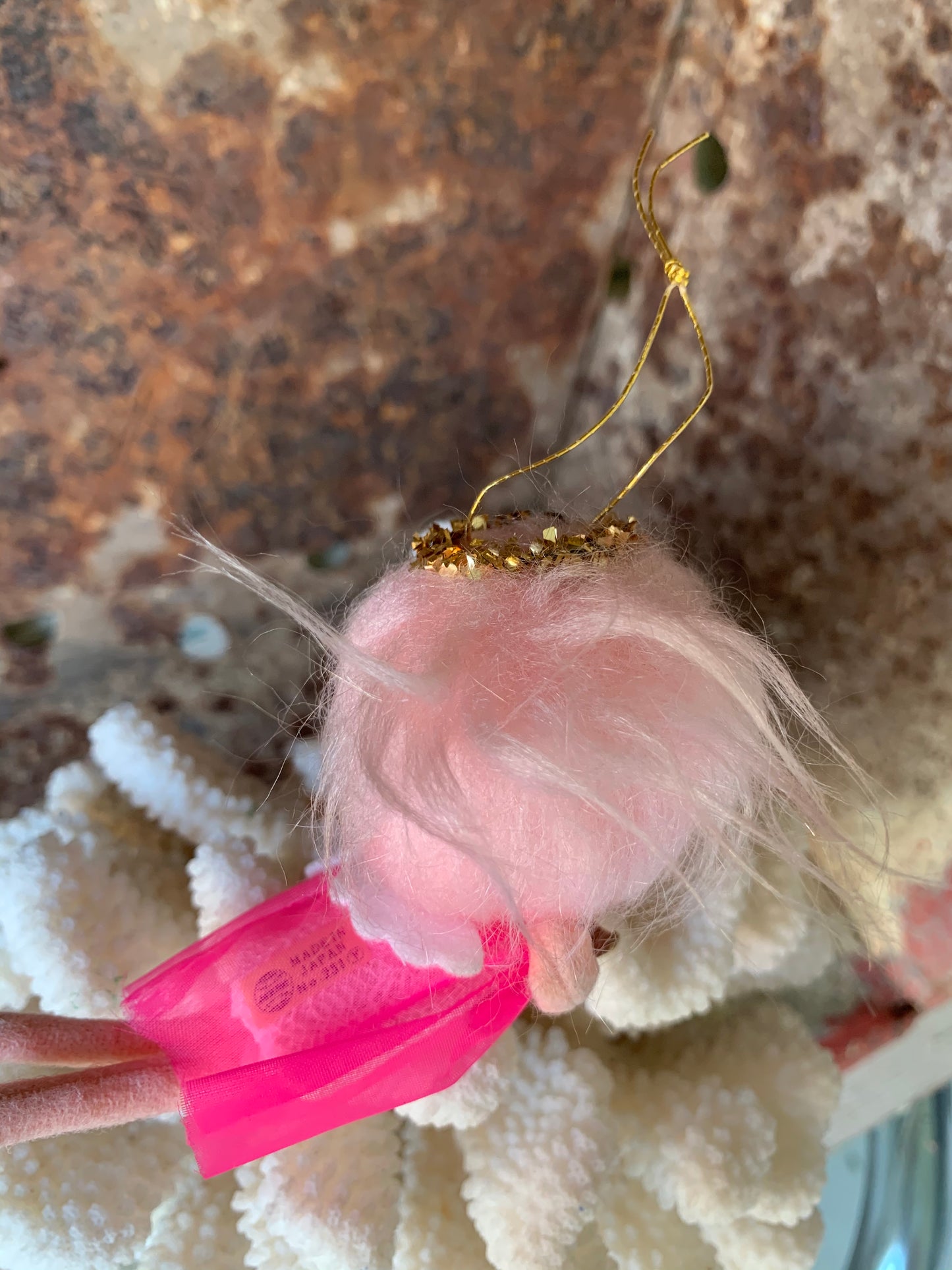 Vintage mini pink hair angel ornament Christmas pixie